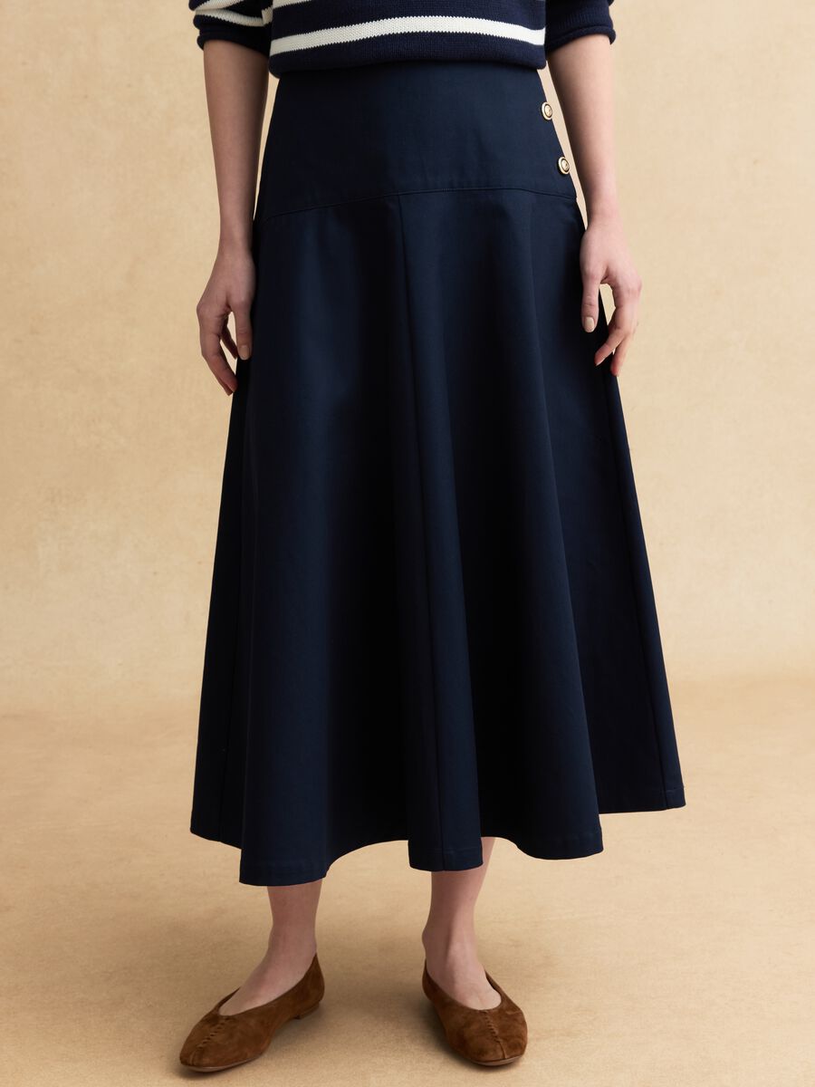 Long blue pure cotton skirt regular fit with decorative buttons_1