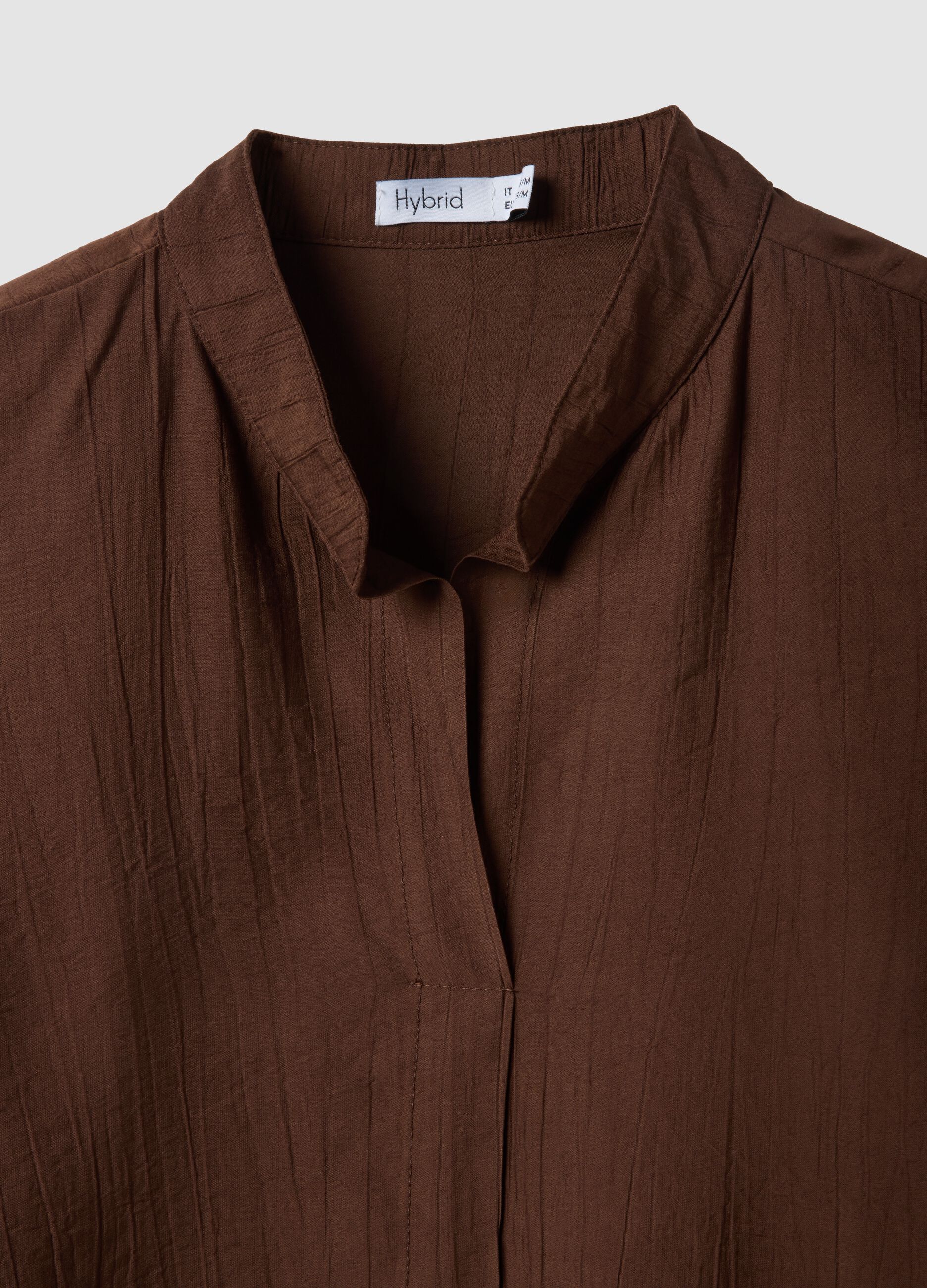 Brown viscose-blend regular-fit blouse with mandarin collar
