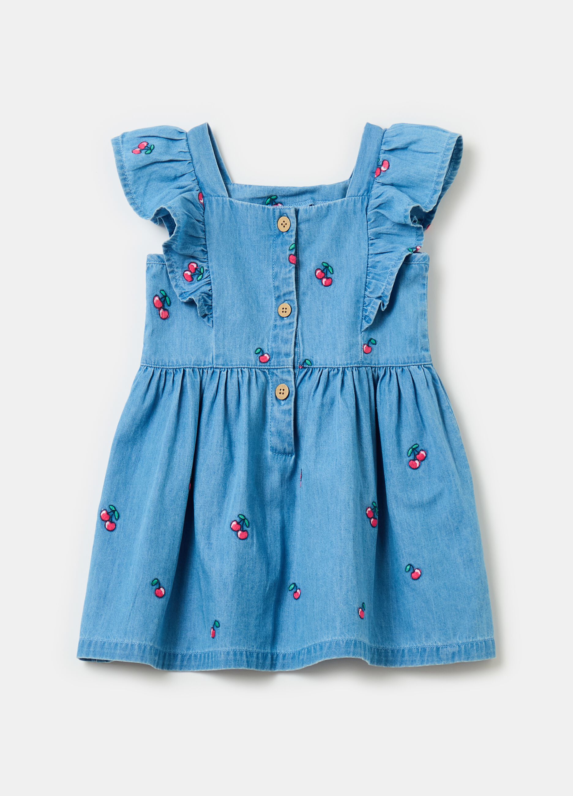 Denim chambray dress with cherries embroidery