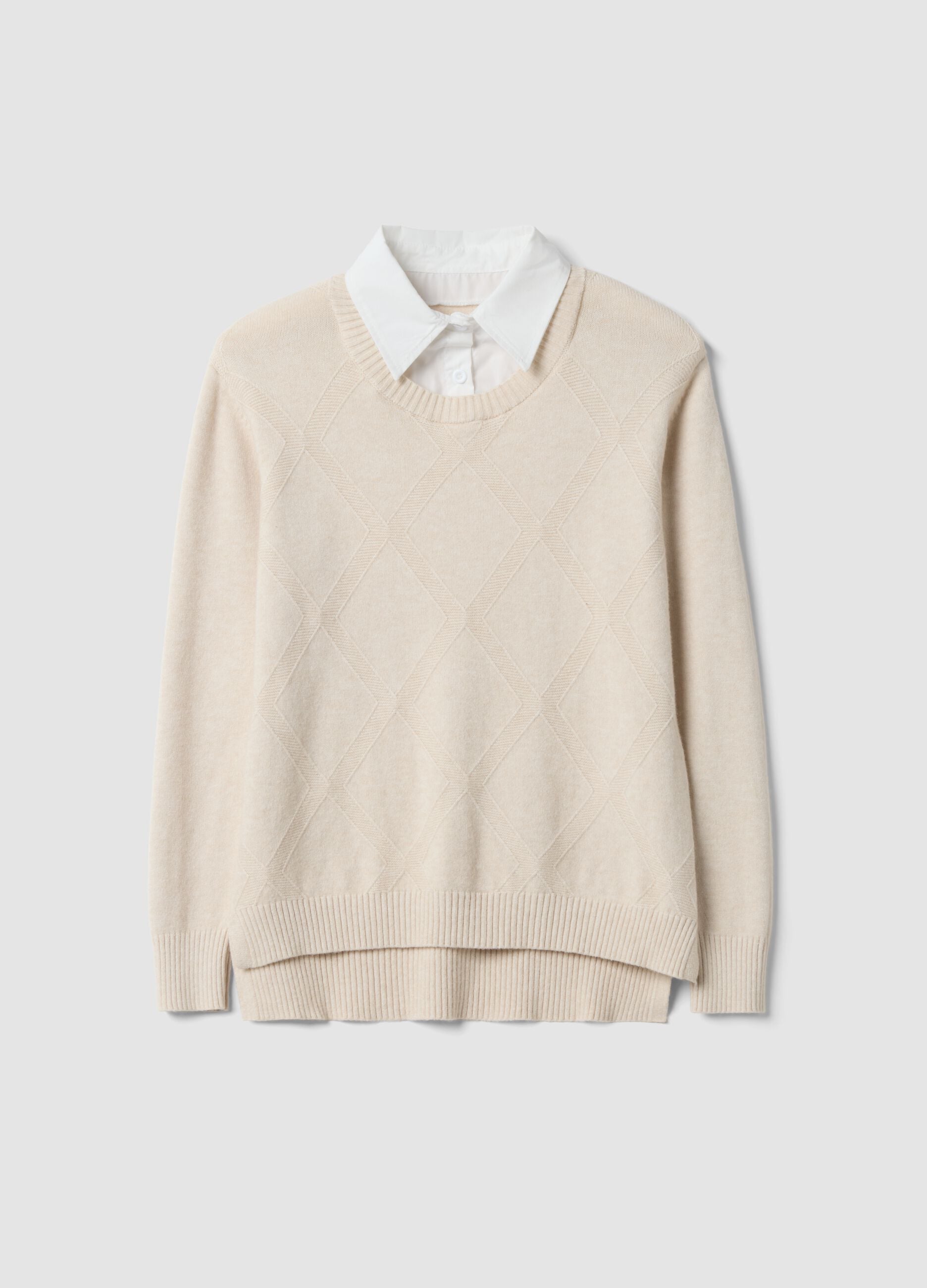 Beiges Strickshirt aus Viskosemix mit Hemdkragen