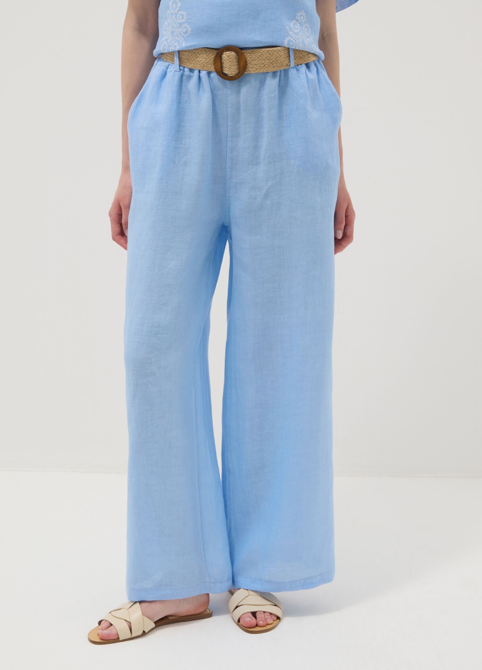 Hellblaue Wide-Leg-Hose aus reinem Leinen mit elastischem Bund