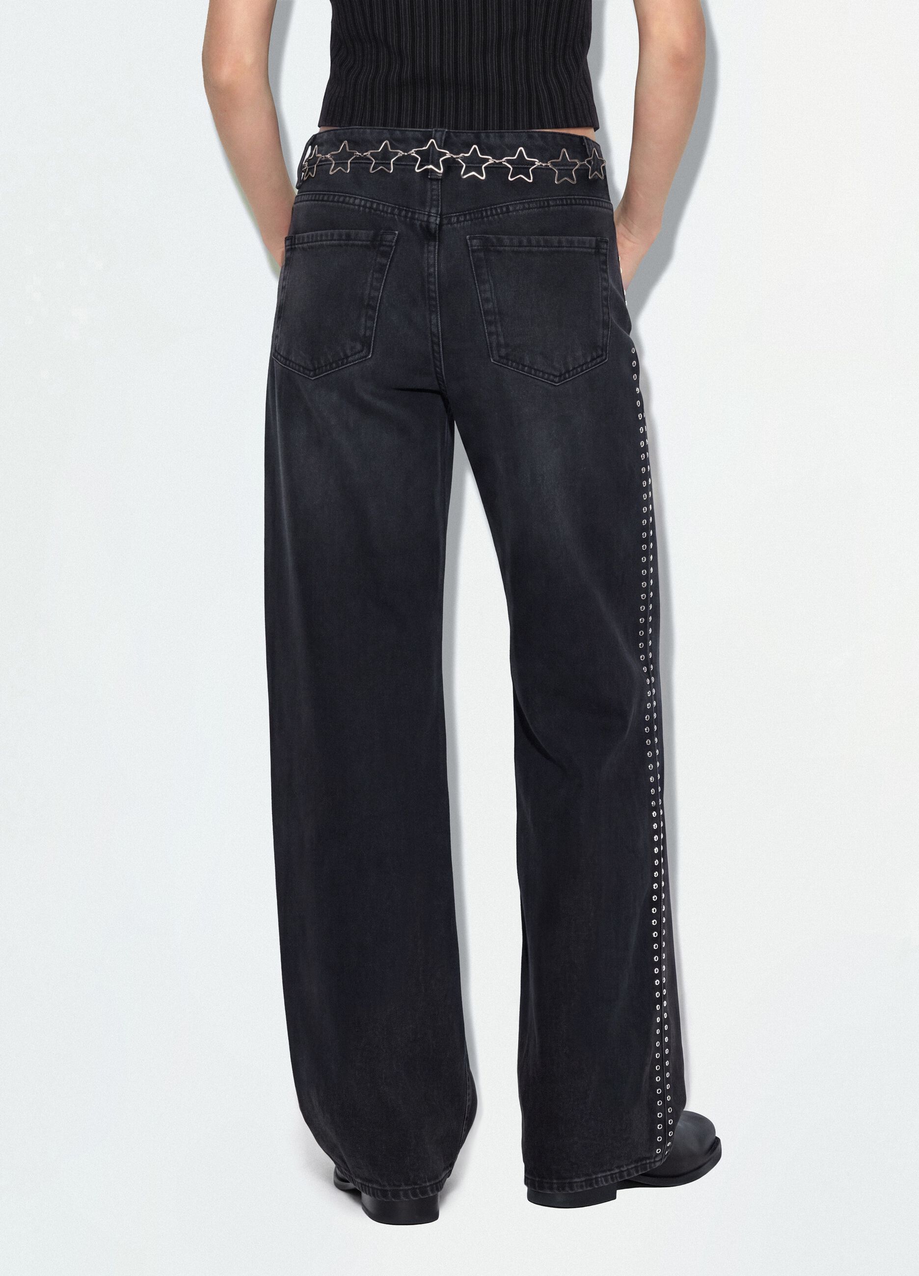 Black pure cotton wide-leg jeans with studs