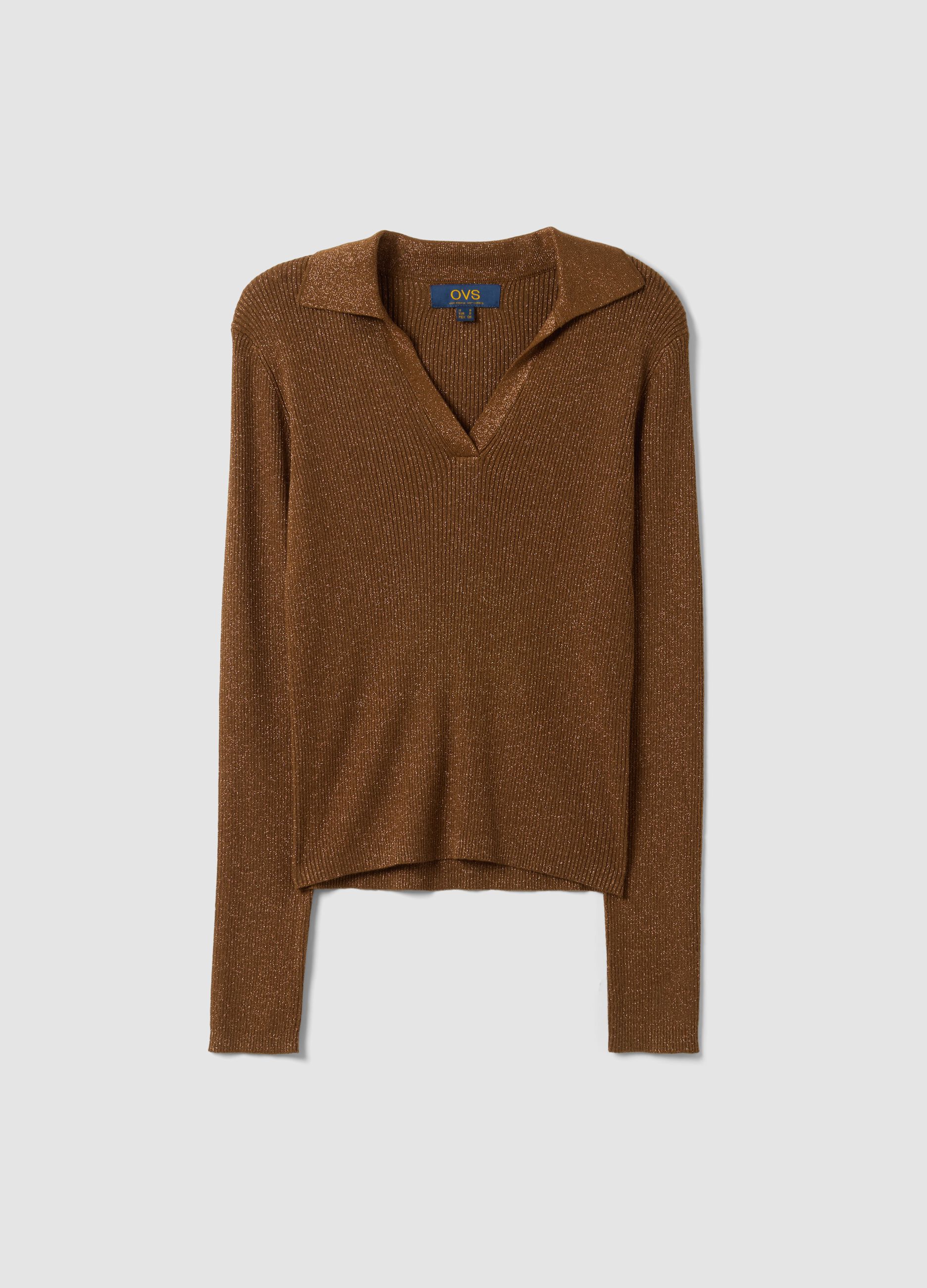 Brown ribbed viscose-blend polo-collar top