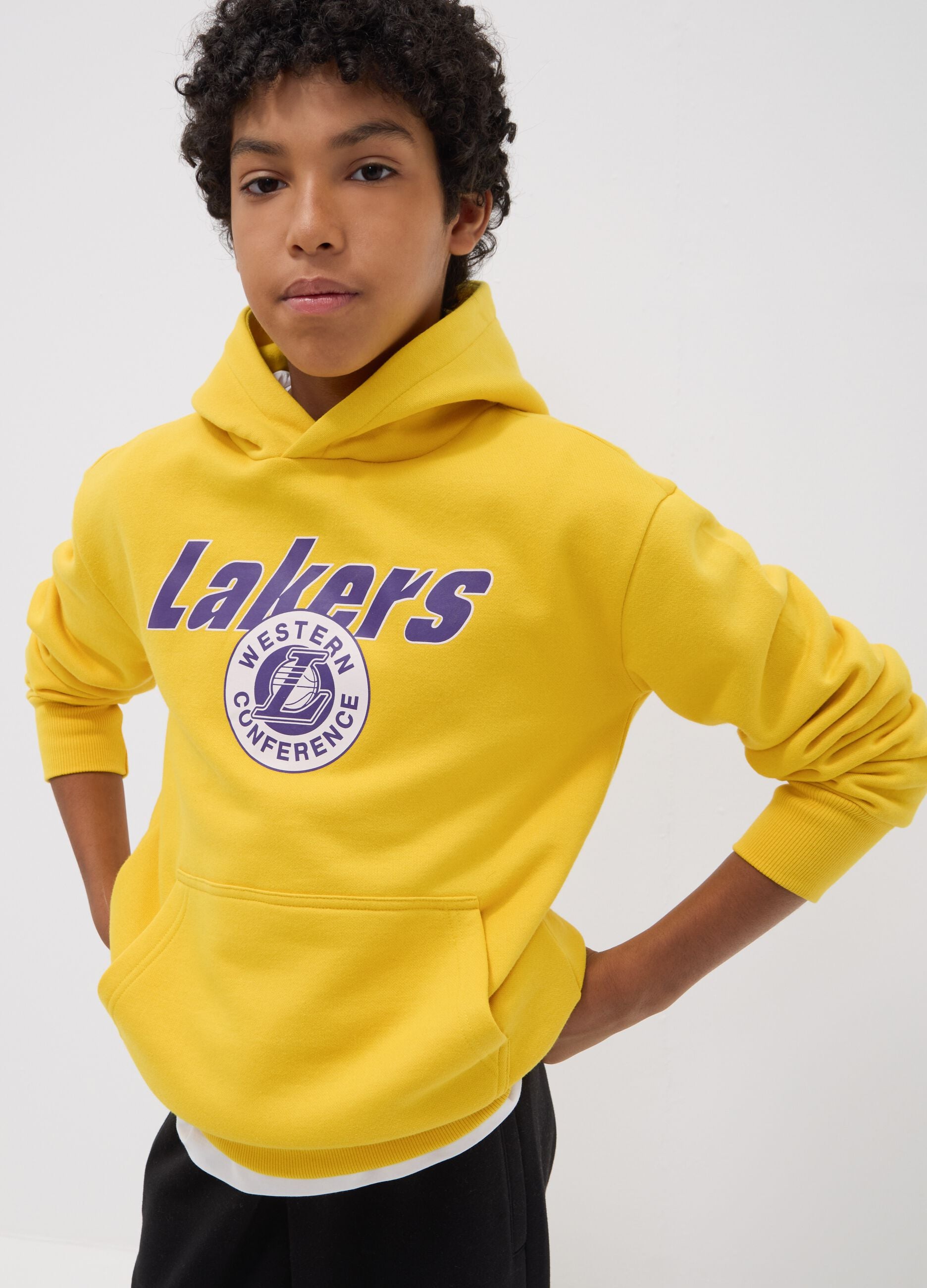 Yellow cotton-blend hoodie with Lakers print for boys