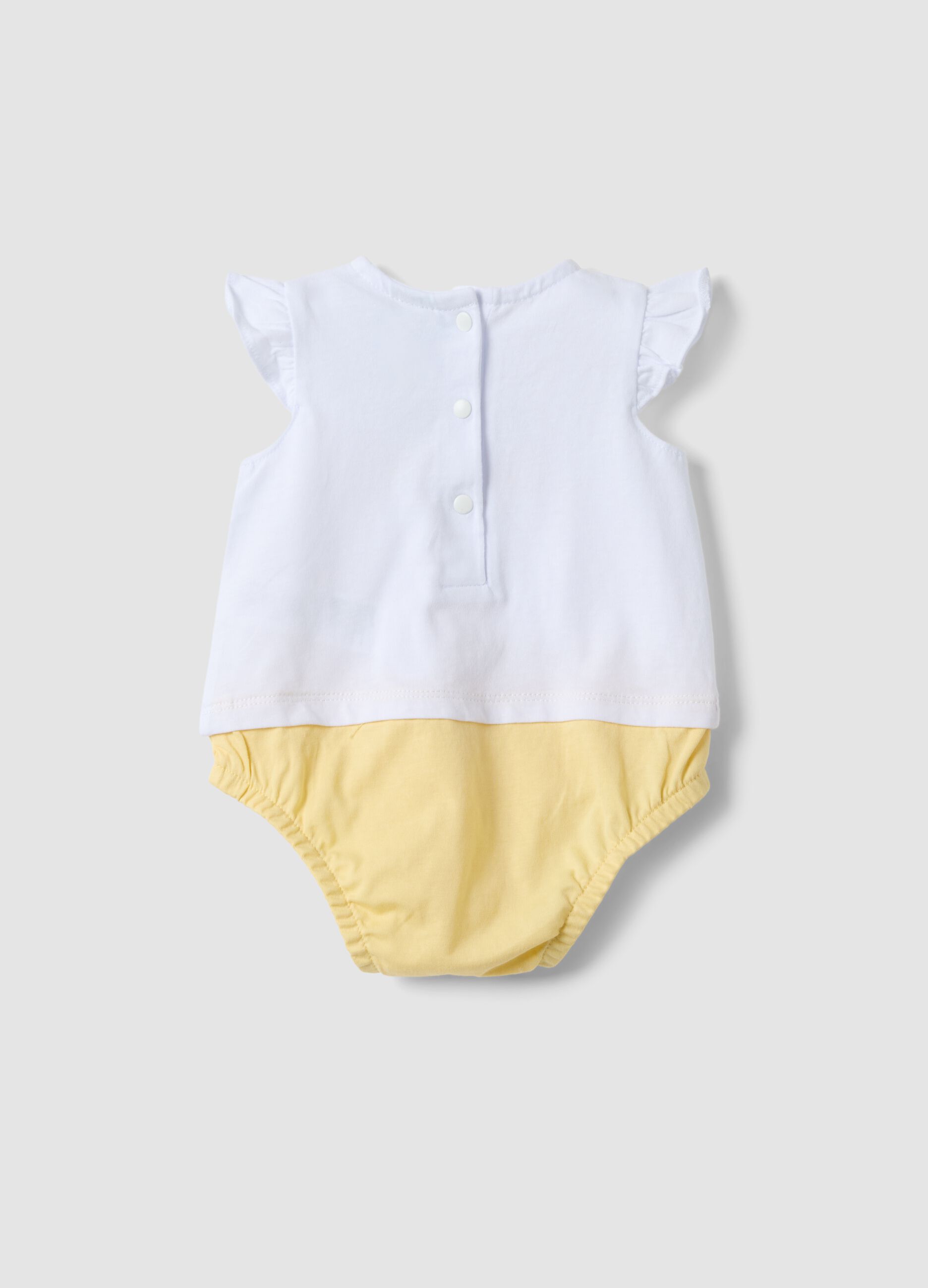 Yellow and white organic cotton baby bodysuit with frills