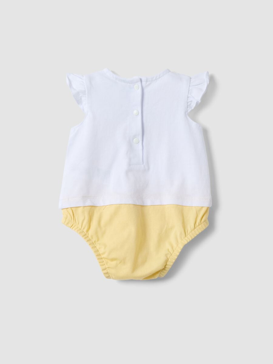 Yellow and white organic cotton baby bodysuit with frills_1