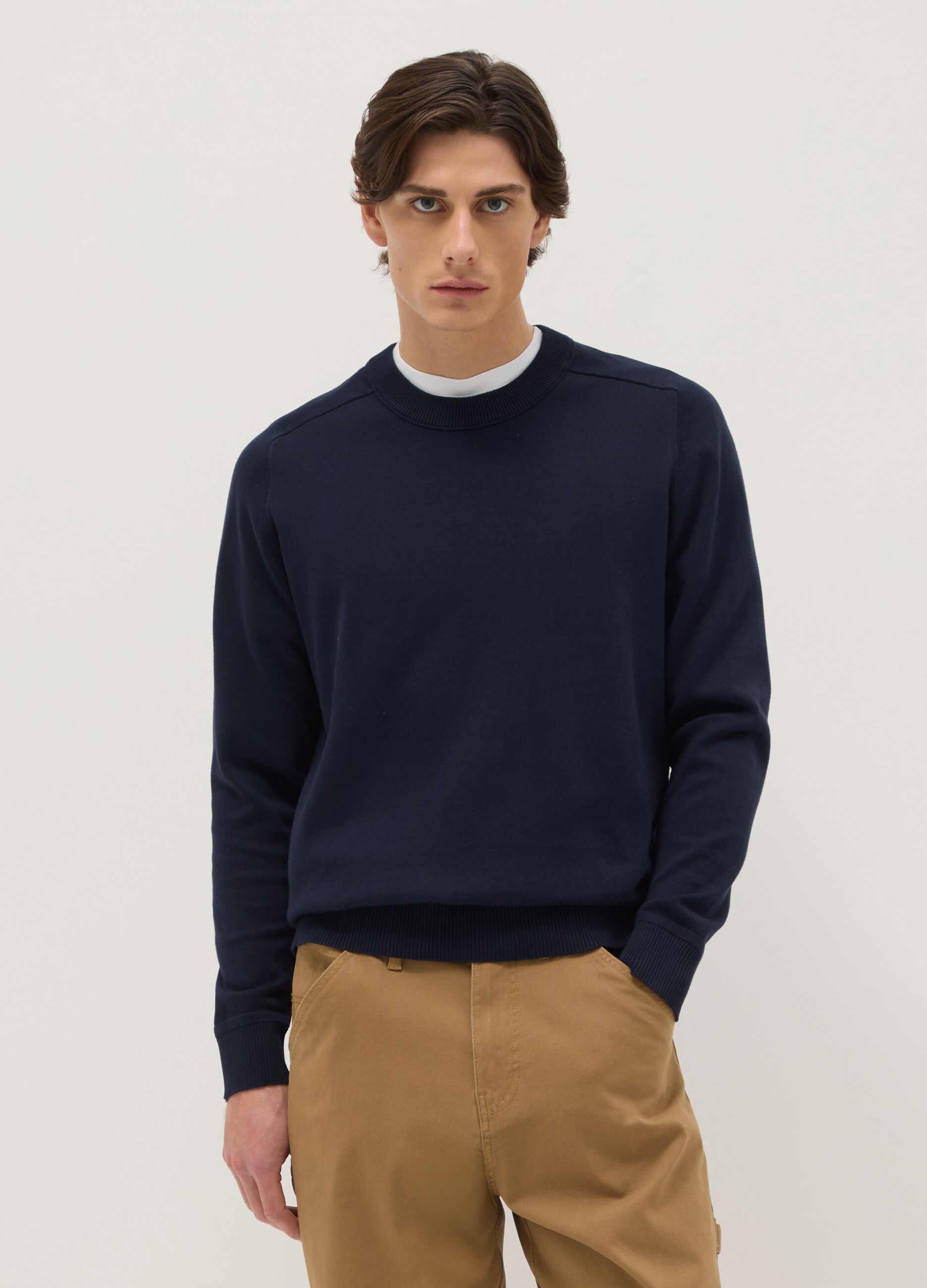 Regular fit blue crew neck pure cotton jumper