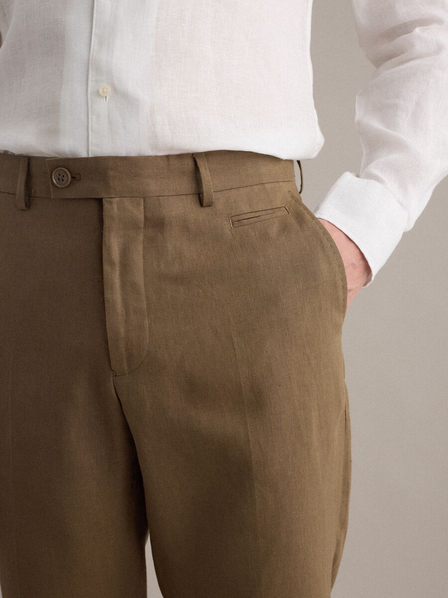 Brown pure linen regular fit trousers_4