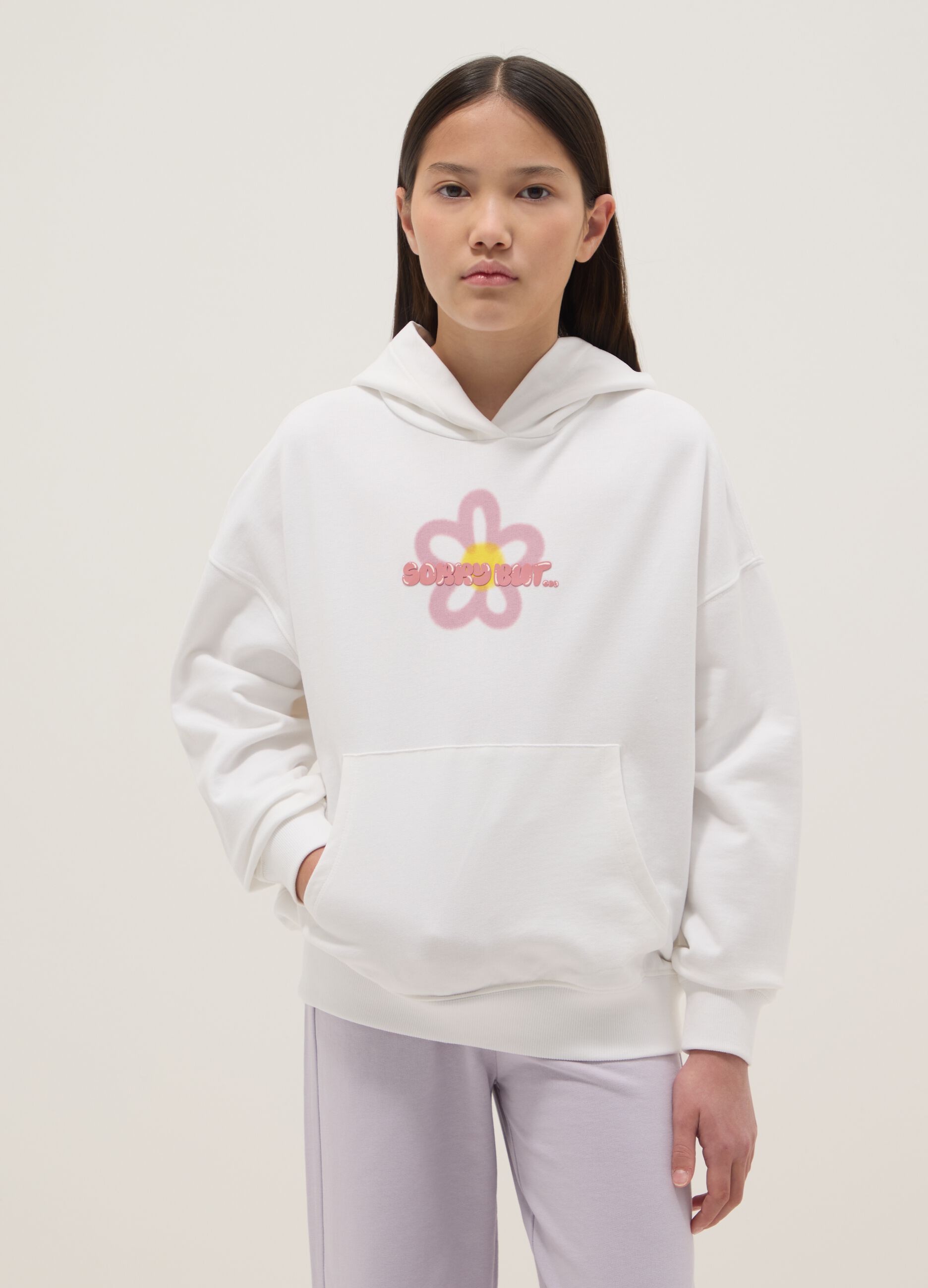 White pure cotton oversized fit sweatshirt for girls with flower