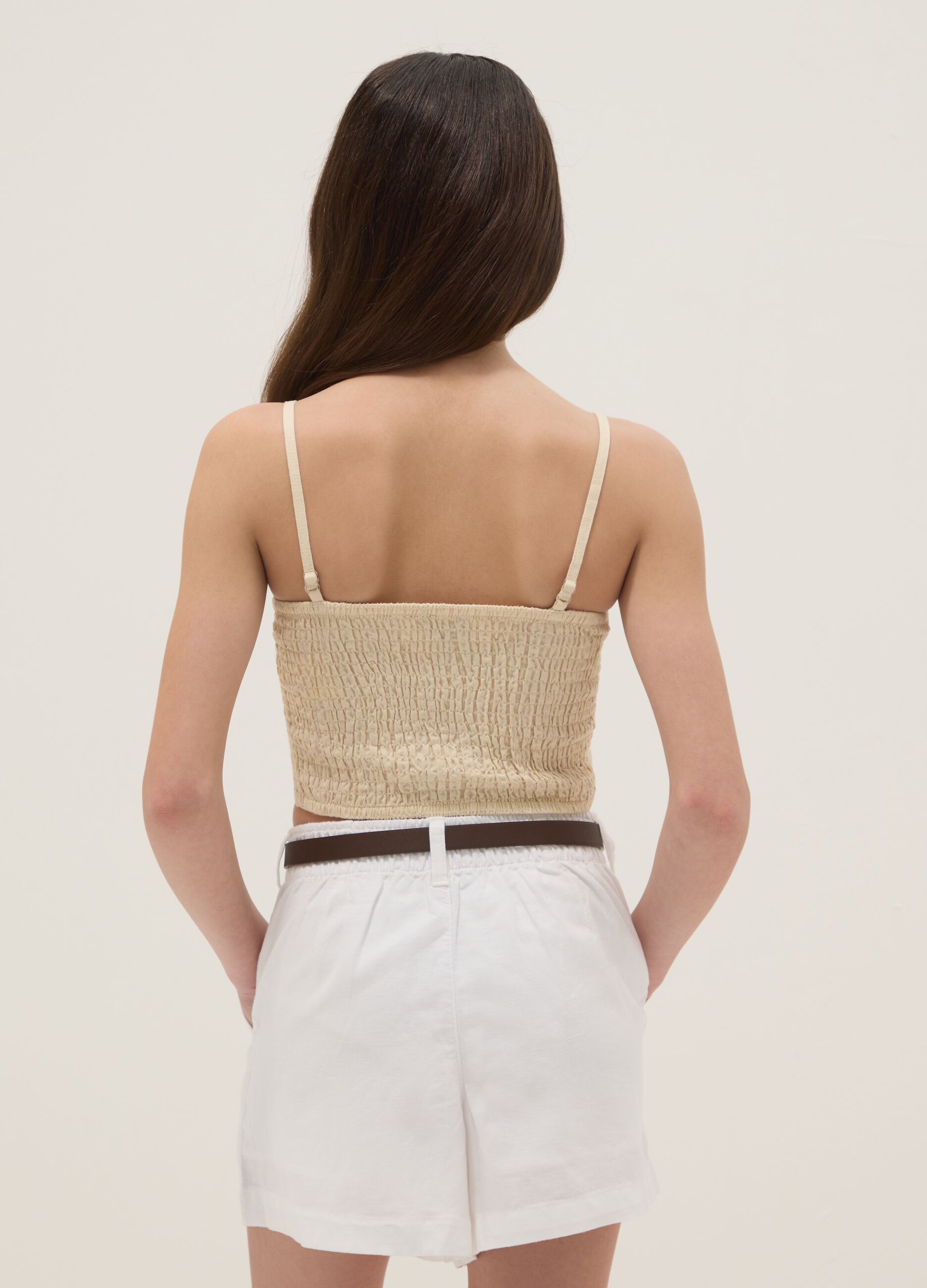 Haut court beige en m&eacute;lange de lin et coton pour fille coupe slim