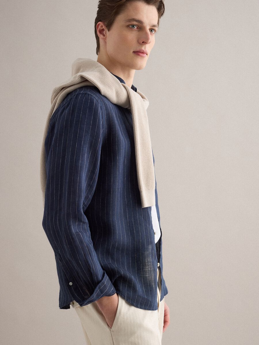 Blue stripe regular fit pure linen shirt_0