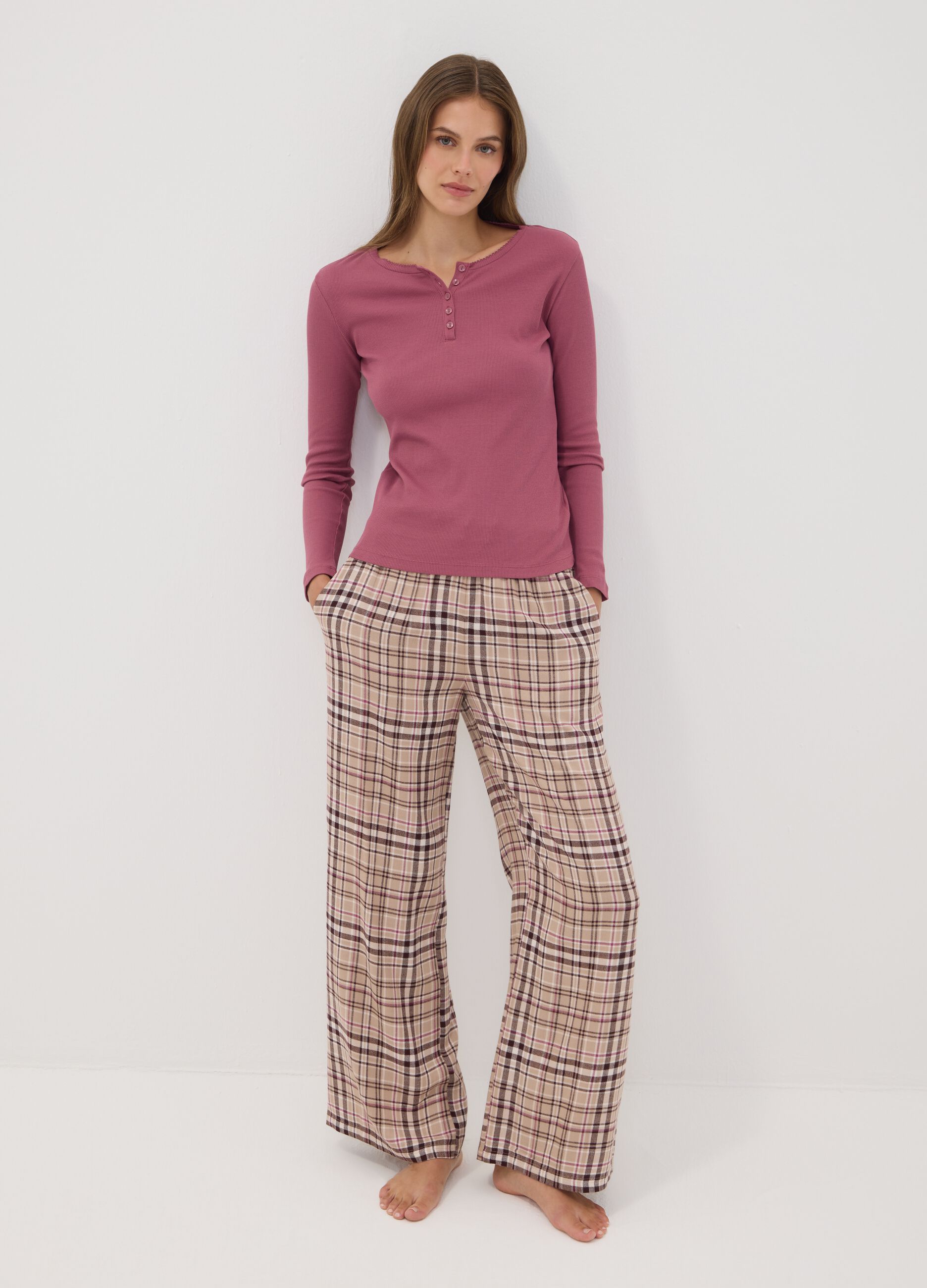 Purple organic cotton pyjama top with Henley neckline