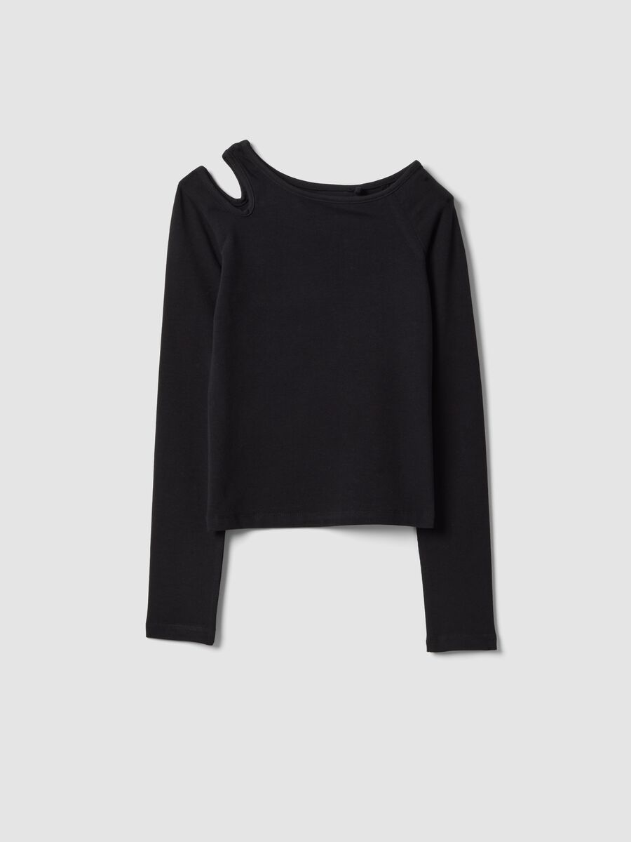 Black cotton blend slim fit girl's top with boat neckline_3