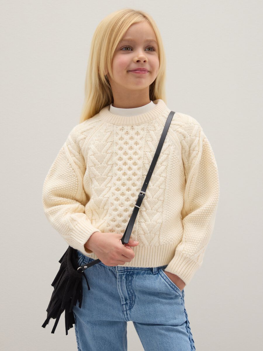 Regular fit beige girl's pullover with knitted design_0
