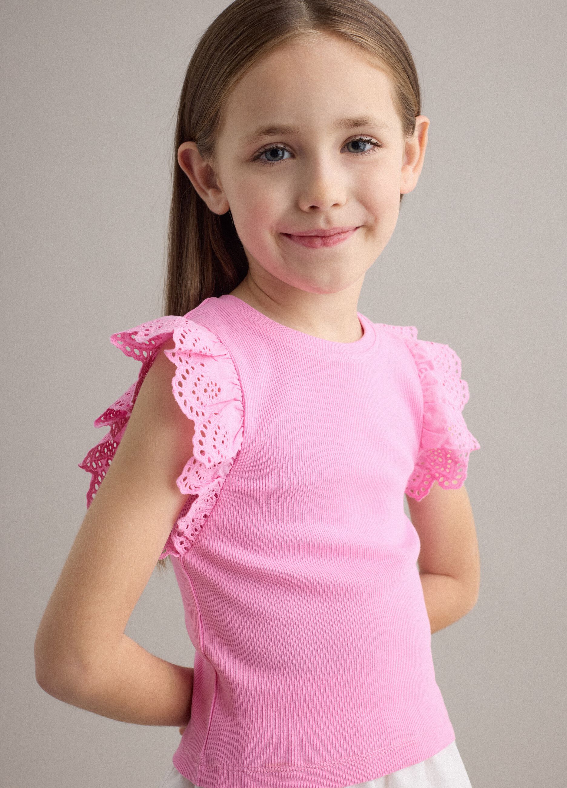 Girls&rsquo; pink stretch cotton vest top with ruffles