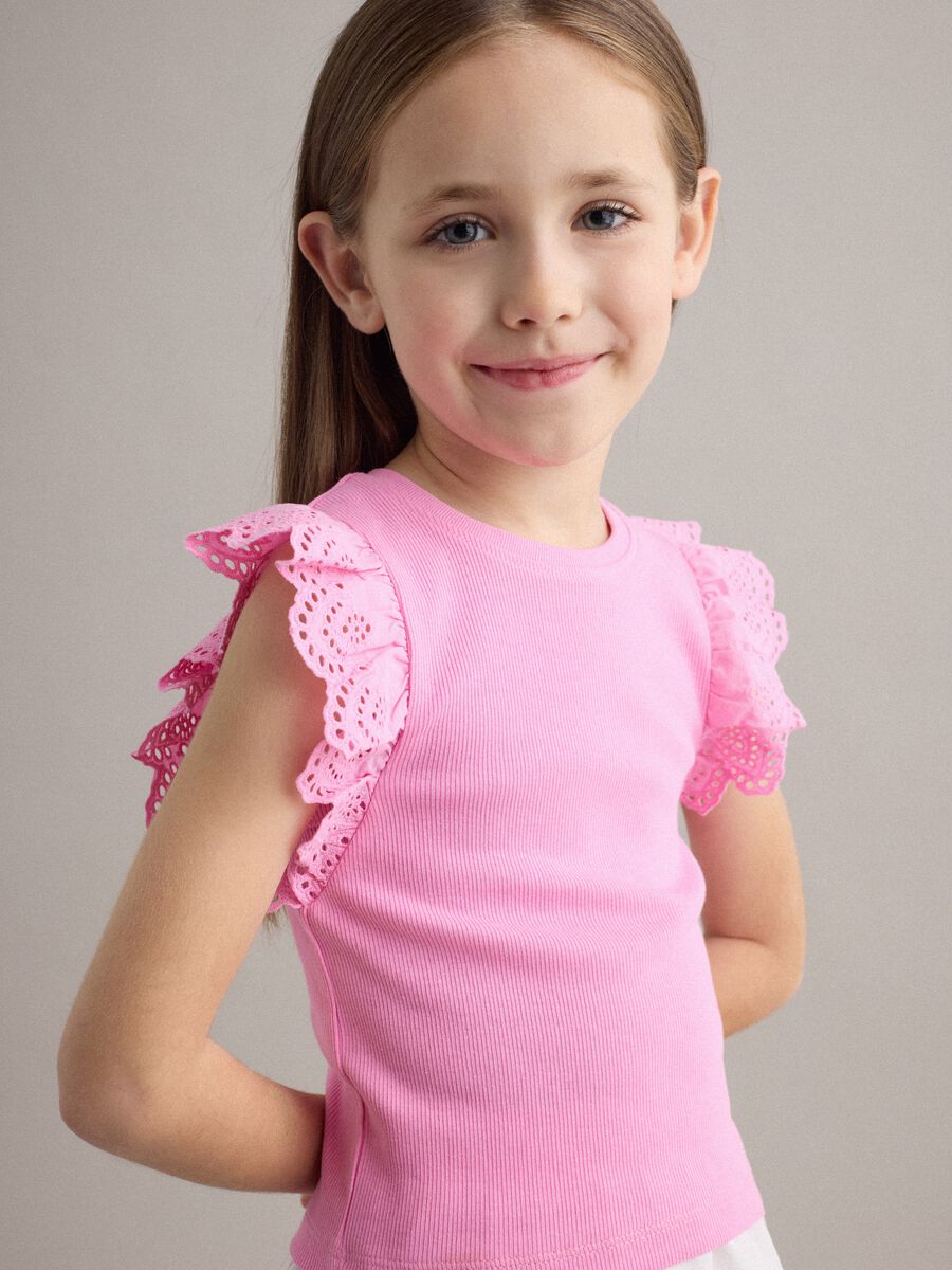 Girls&rsquo; pink stretch cotton vest top with ruffles_2