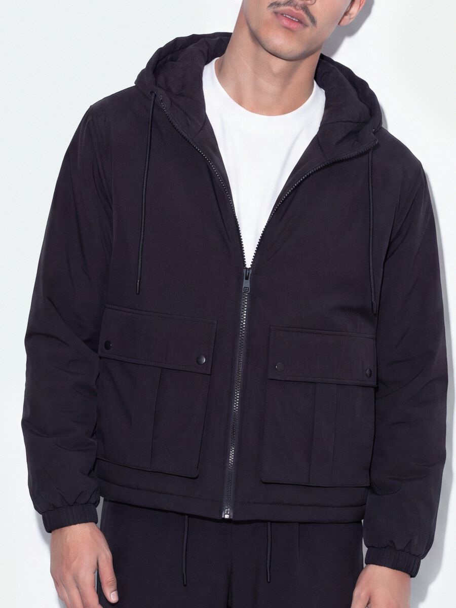 Black padded hooded jacket with zip, oversized fit_1