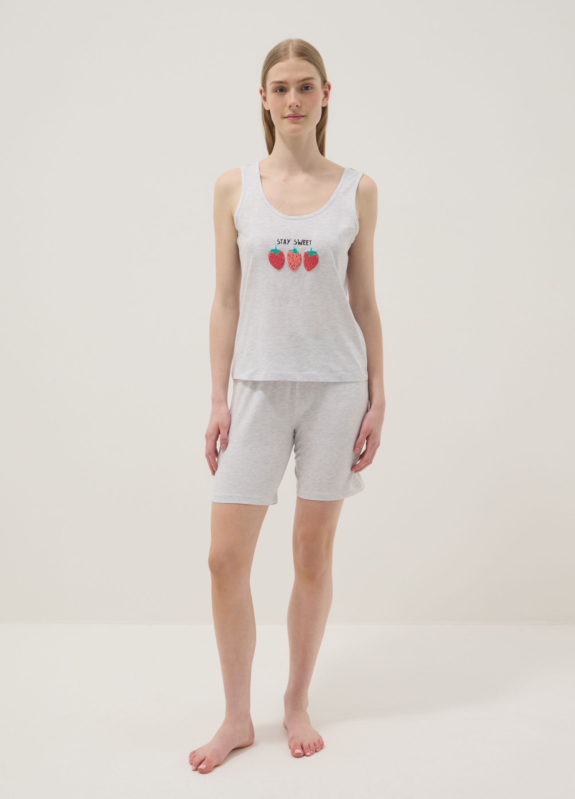 Grey stretch cotton pyjama regular fit with strawberries