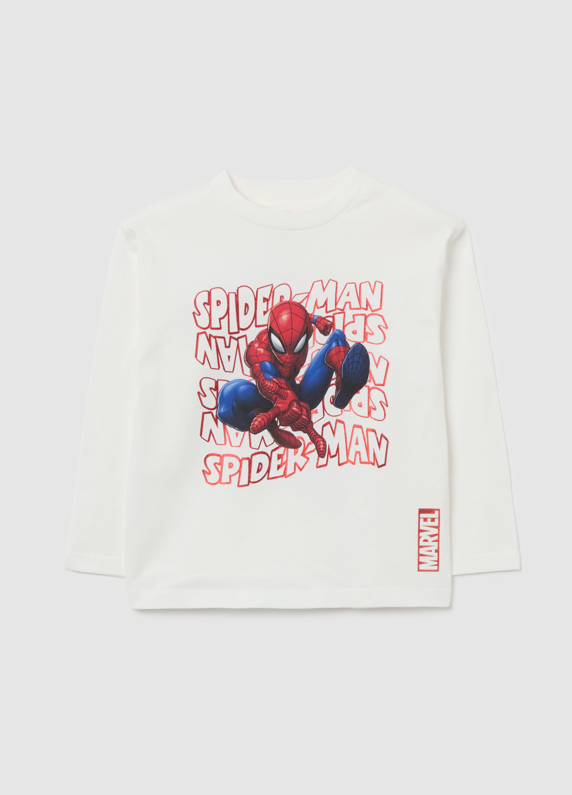 White long-sleeve cotton top with Spiderman print