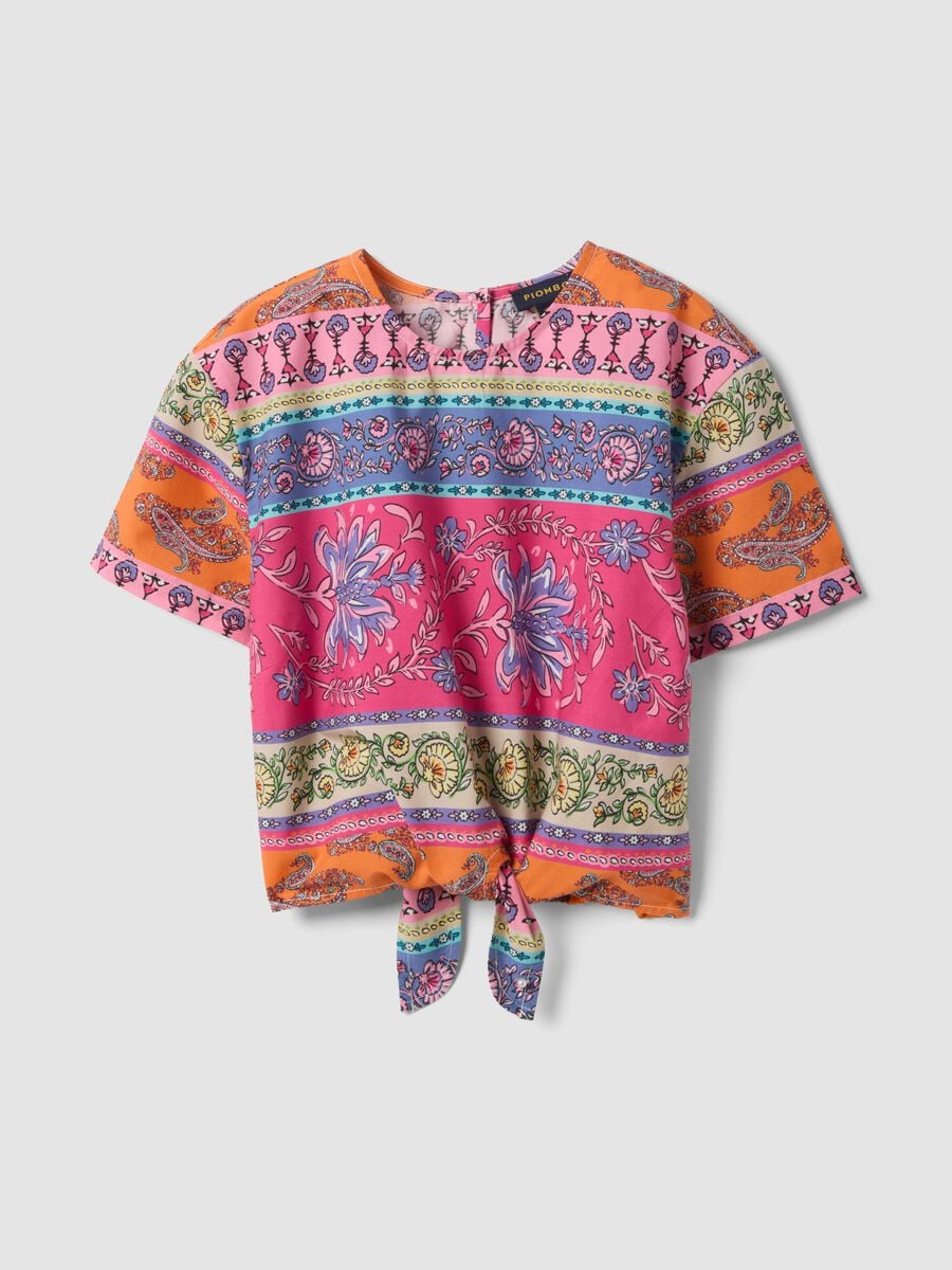 Mehrfarbige Bluse aus reiner Baumwolle mit Bindeknoten vorn_3