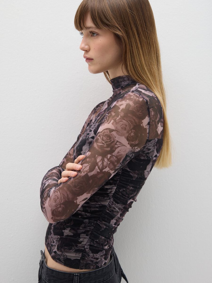 Grey Long Sleeve Top with Floral Print_0