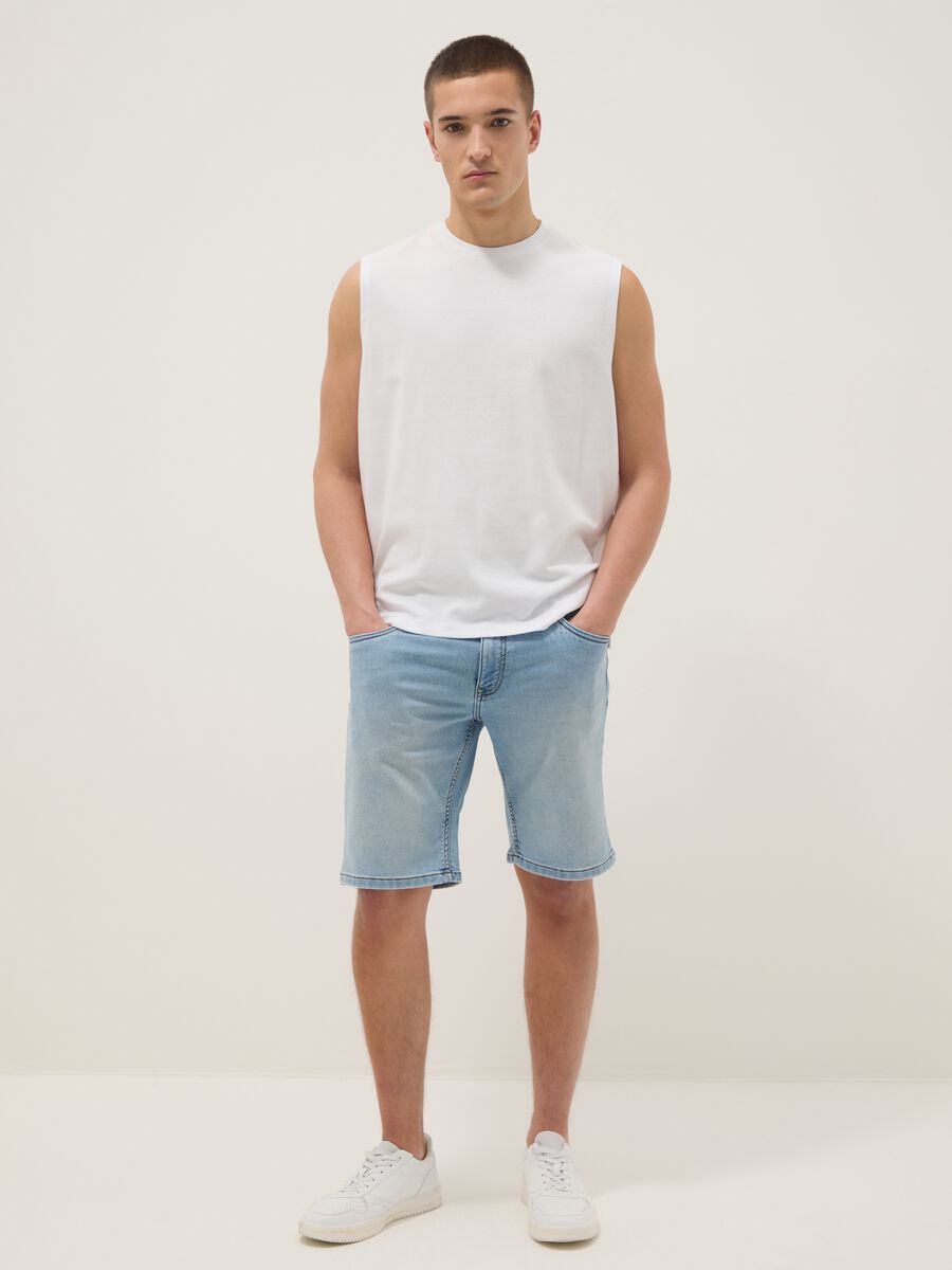 Slim Fit Light Blue Stretch Denim Cotton Blend Shorts_0