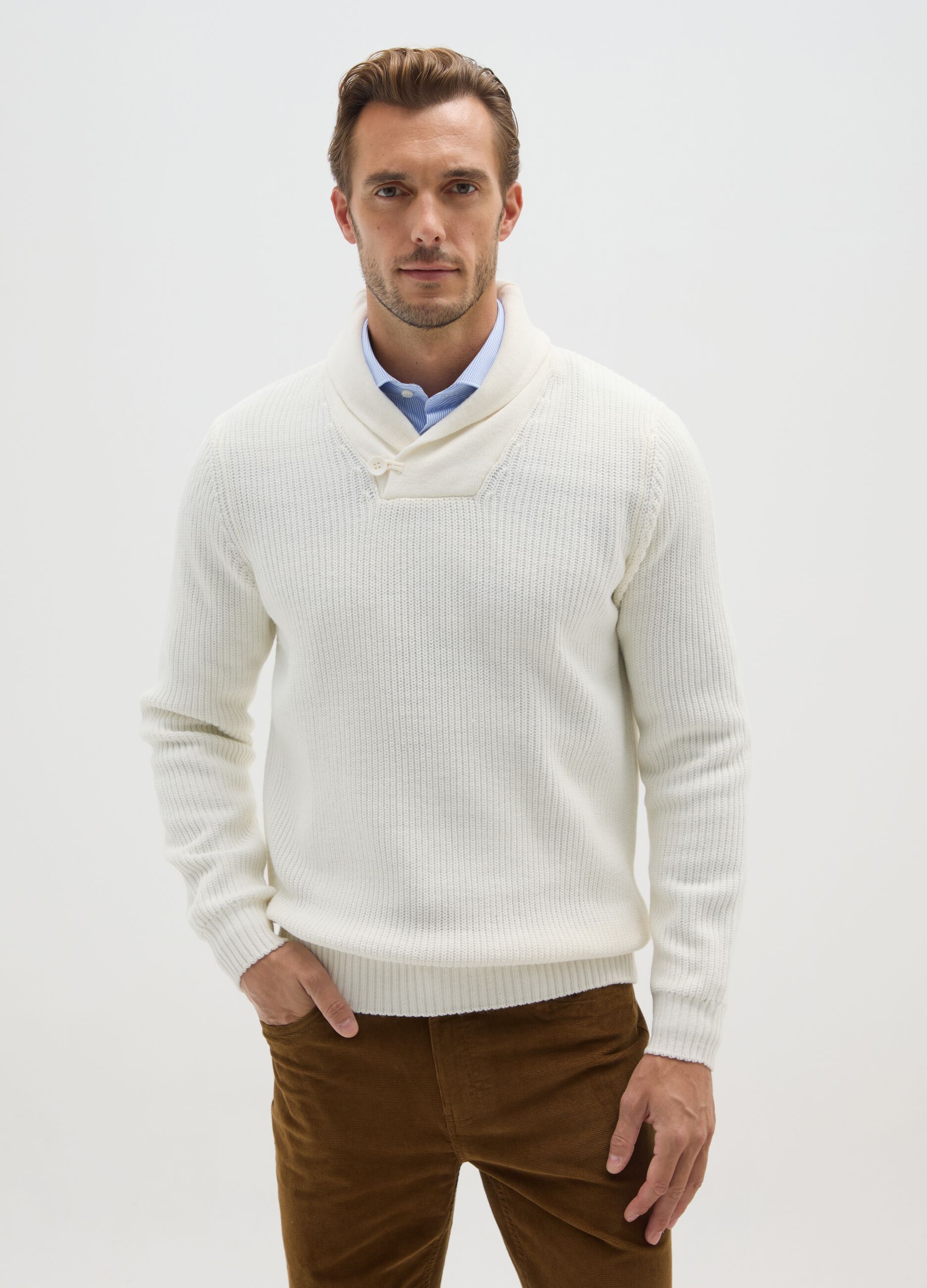 White sweater with shawl collar regular fit