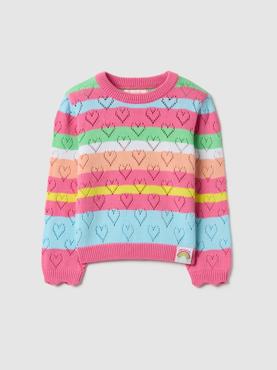 Girl's regular fit pure cotton jumper with multicolour stripes and hearts_0