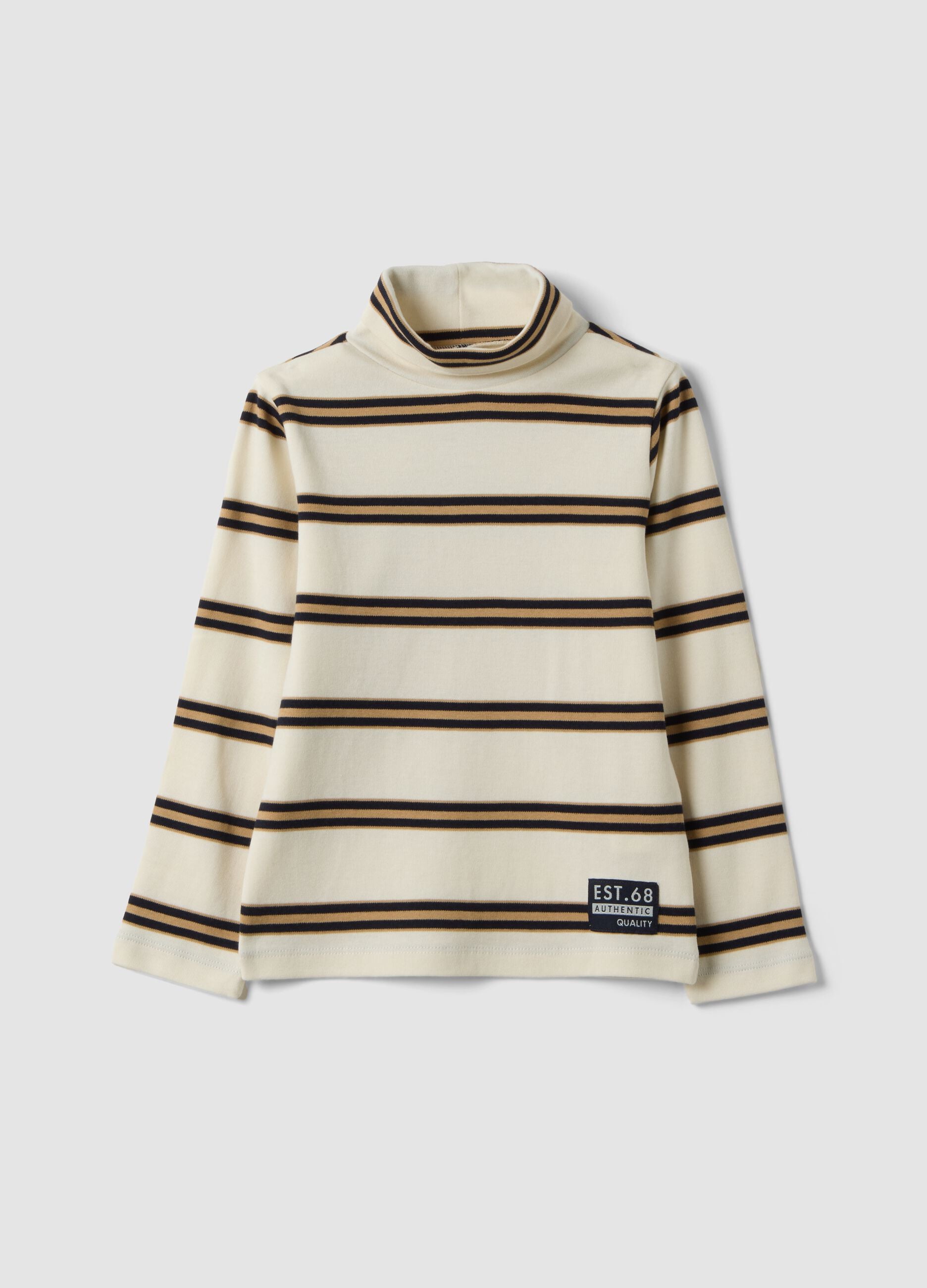 Maglia beige a righe in puro cotone organico con dolcevita
