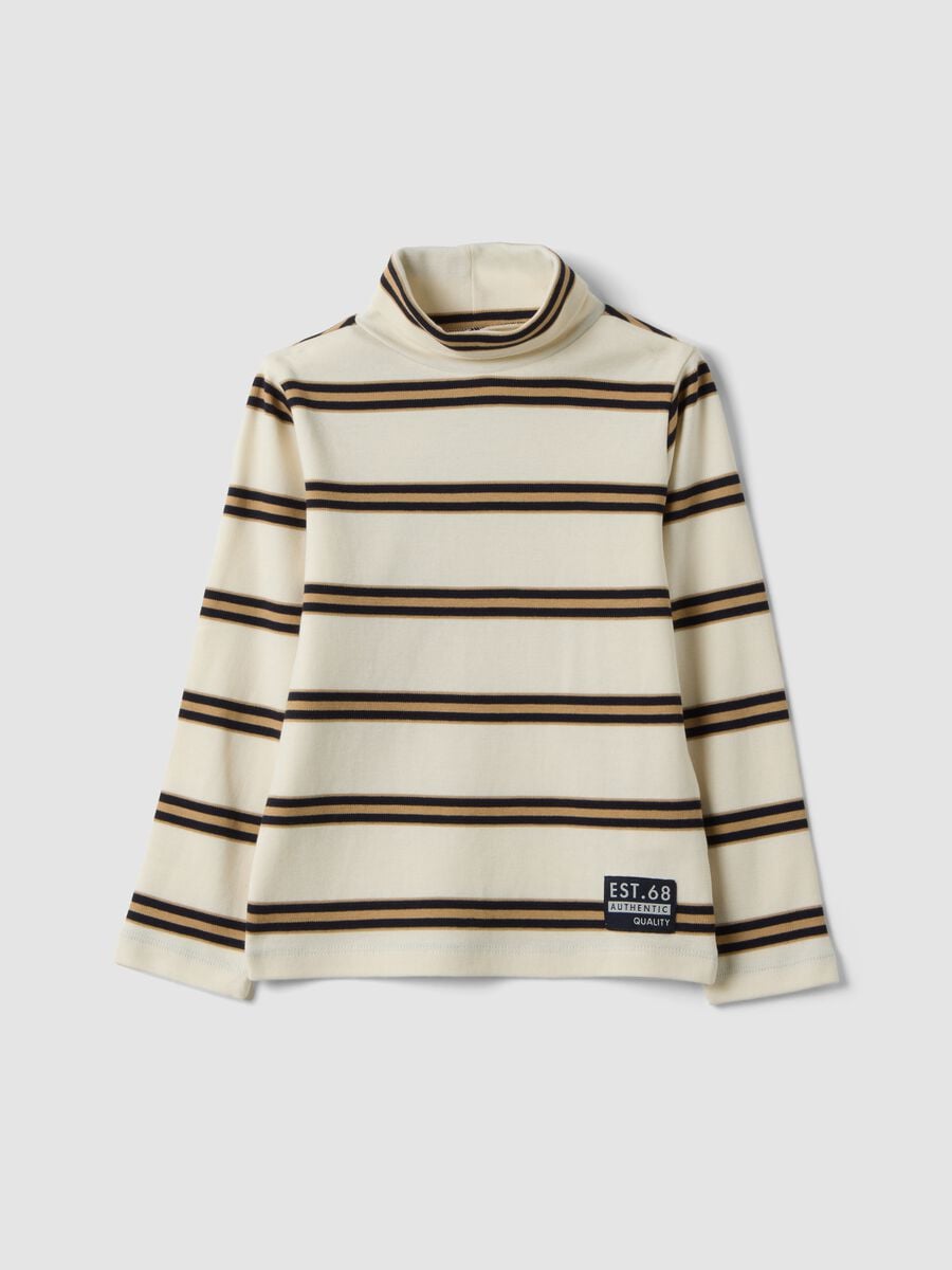 Maglia beige a righe in puro cotone organico con dolcevita_0