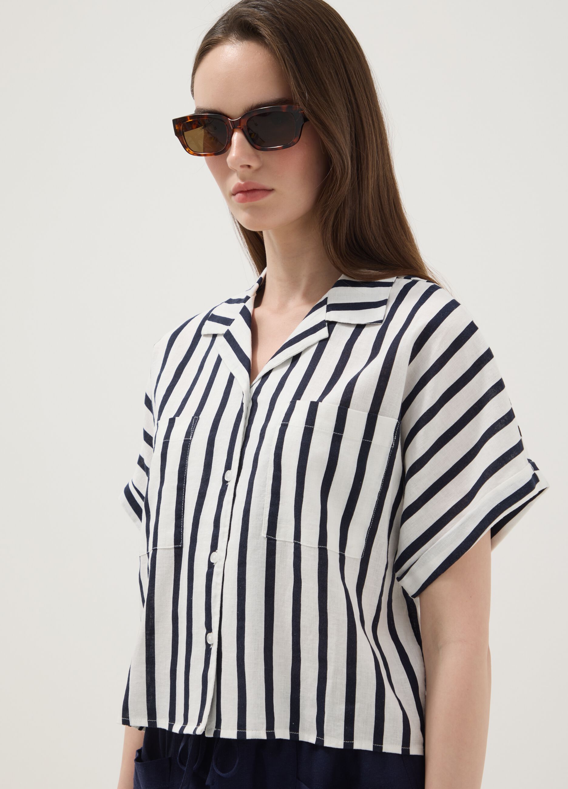 Multicolour striped regular-fit linen and viscose blend shirt