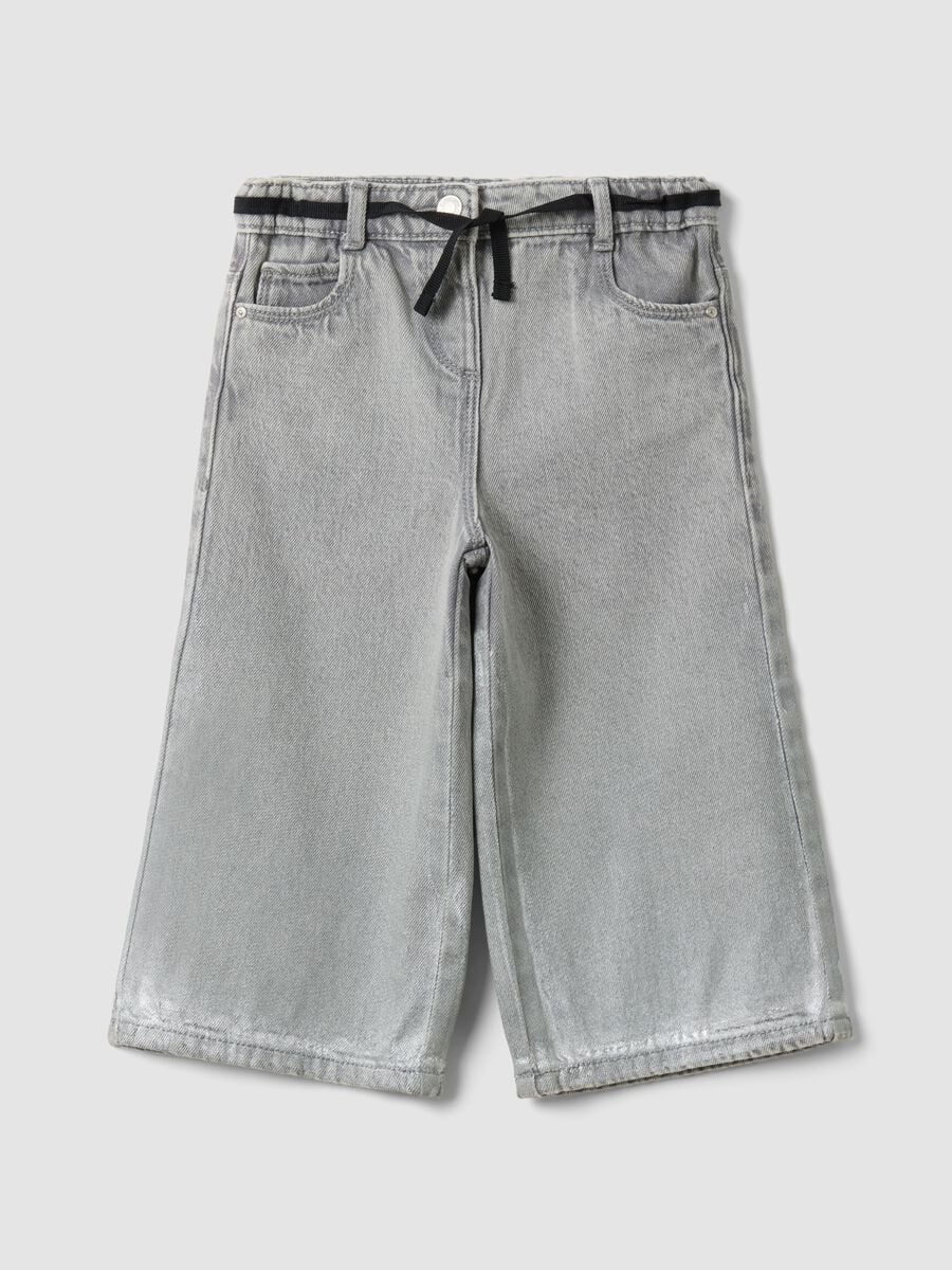 Grey super wide-leg cotton and viscose blend jeans for baby girl_0