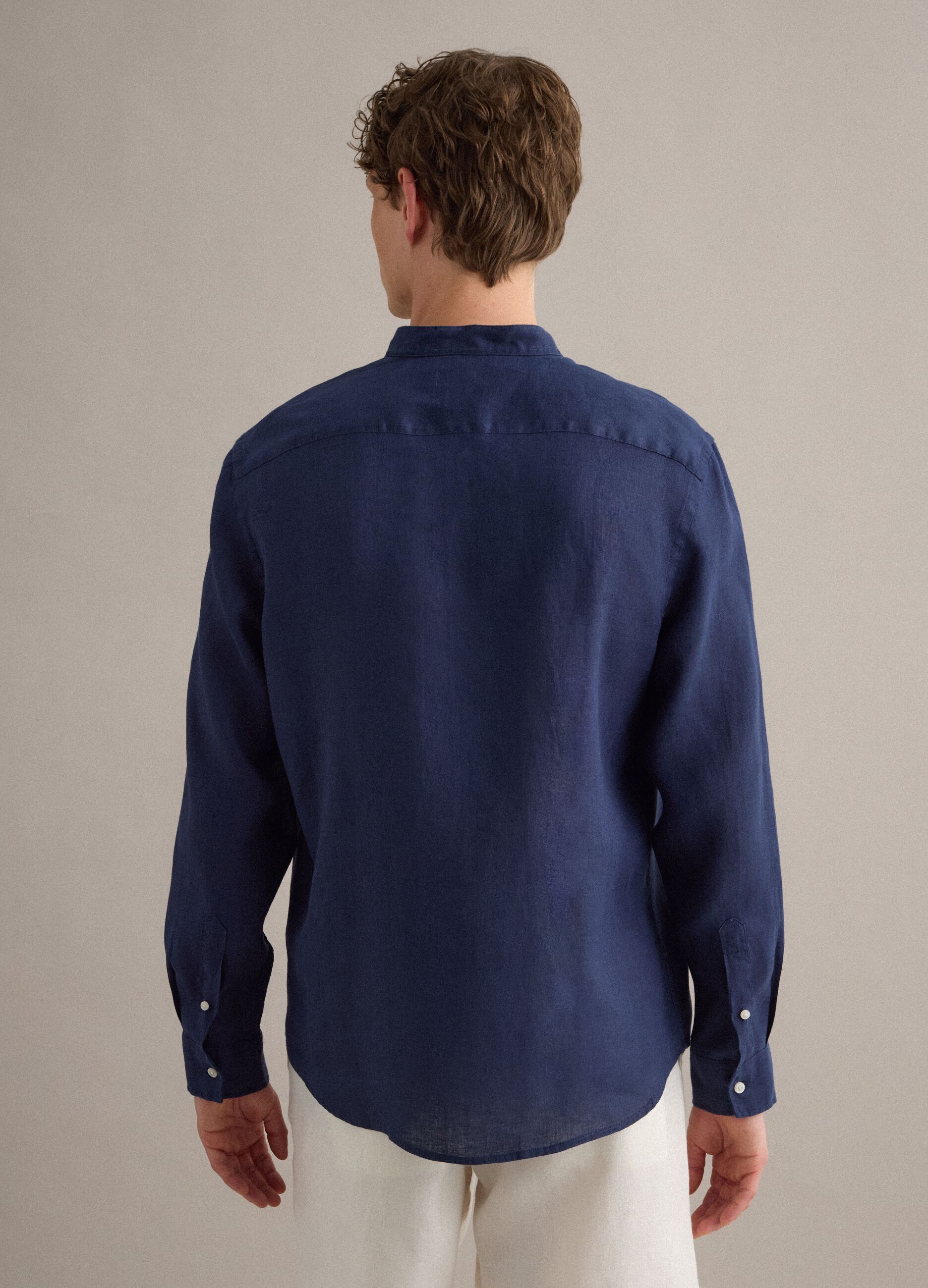 Blue pure linen shirt with band collar, regular fit