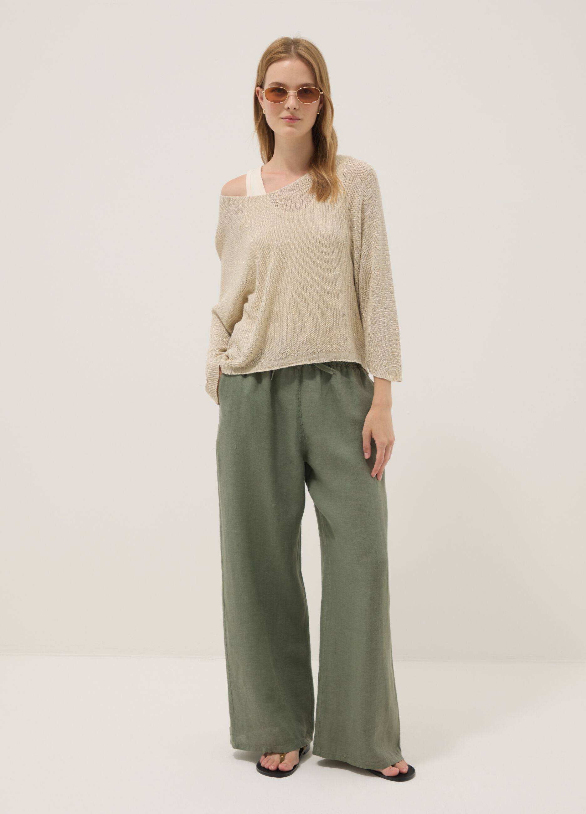 Green pure linen trousers with drawstring