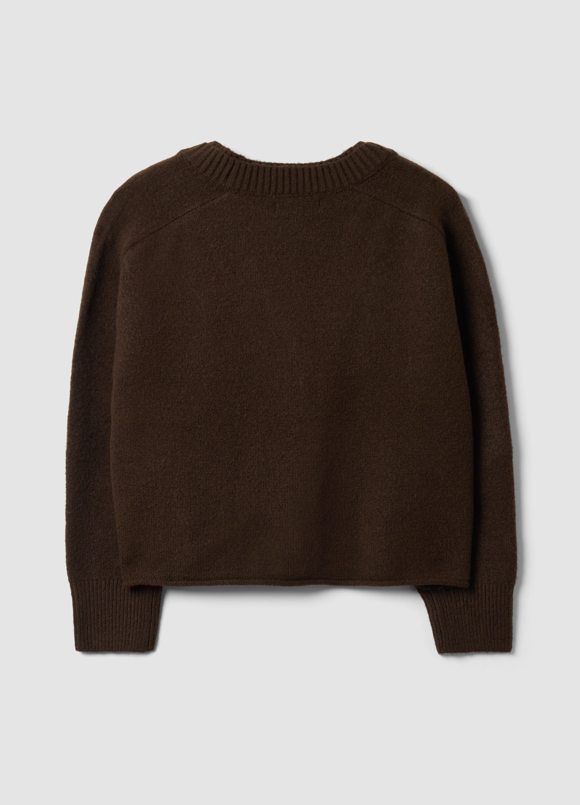 Brown stretch-wool cardigan with deep V-neck