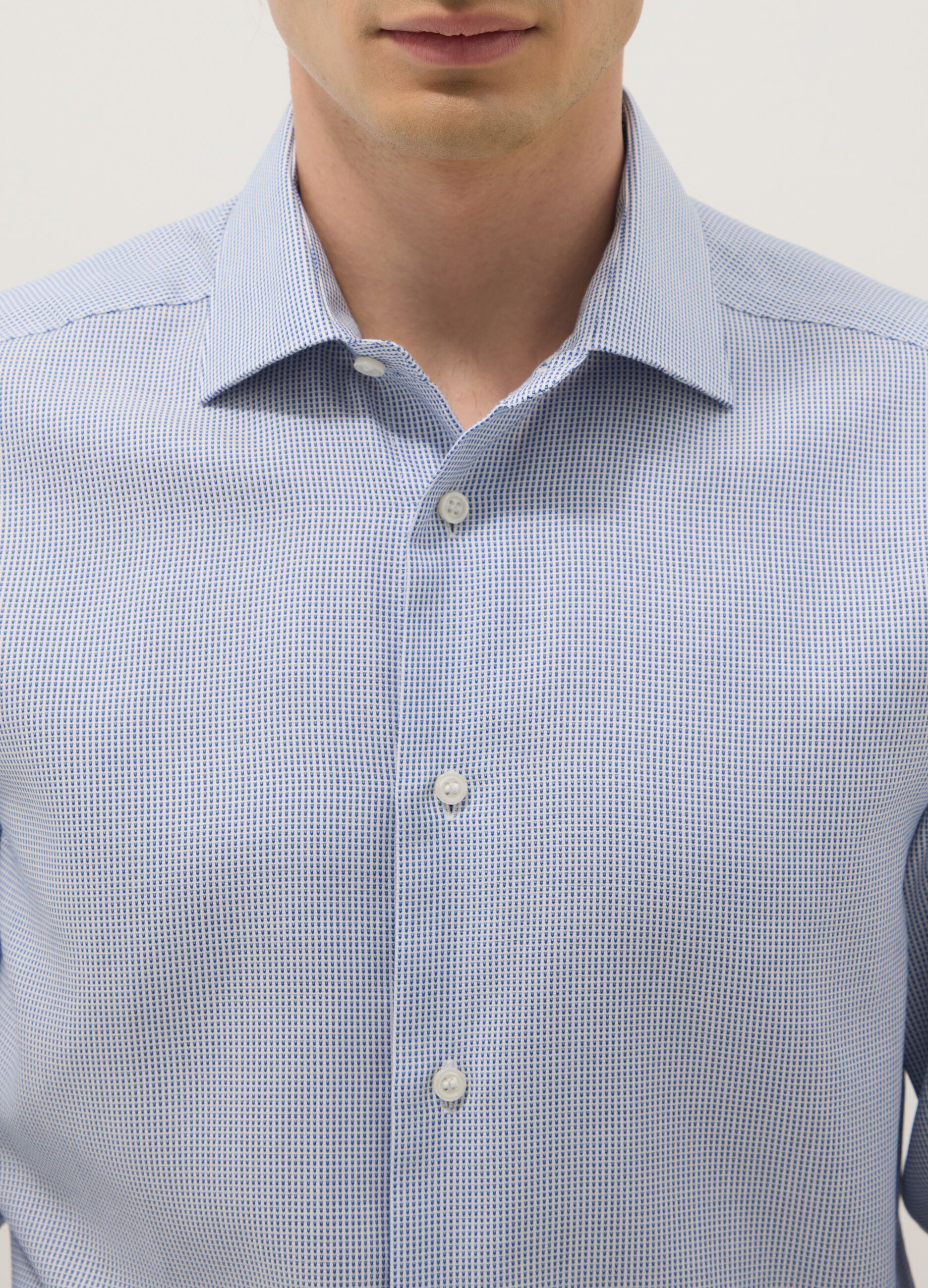 Light blue slim fit cotton shirt with micro-checks