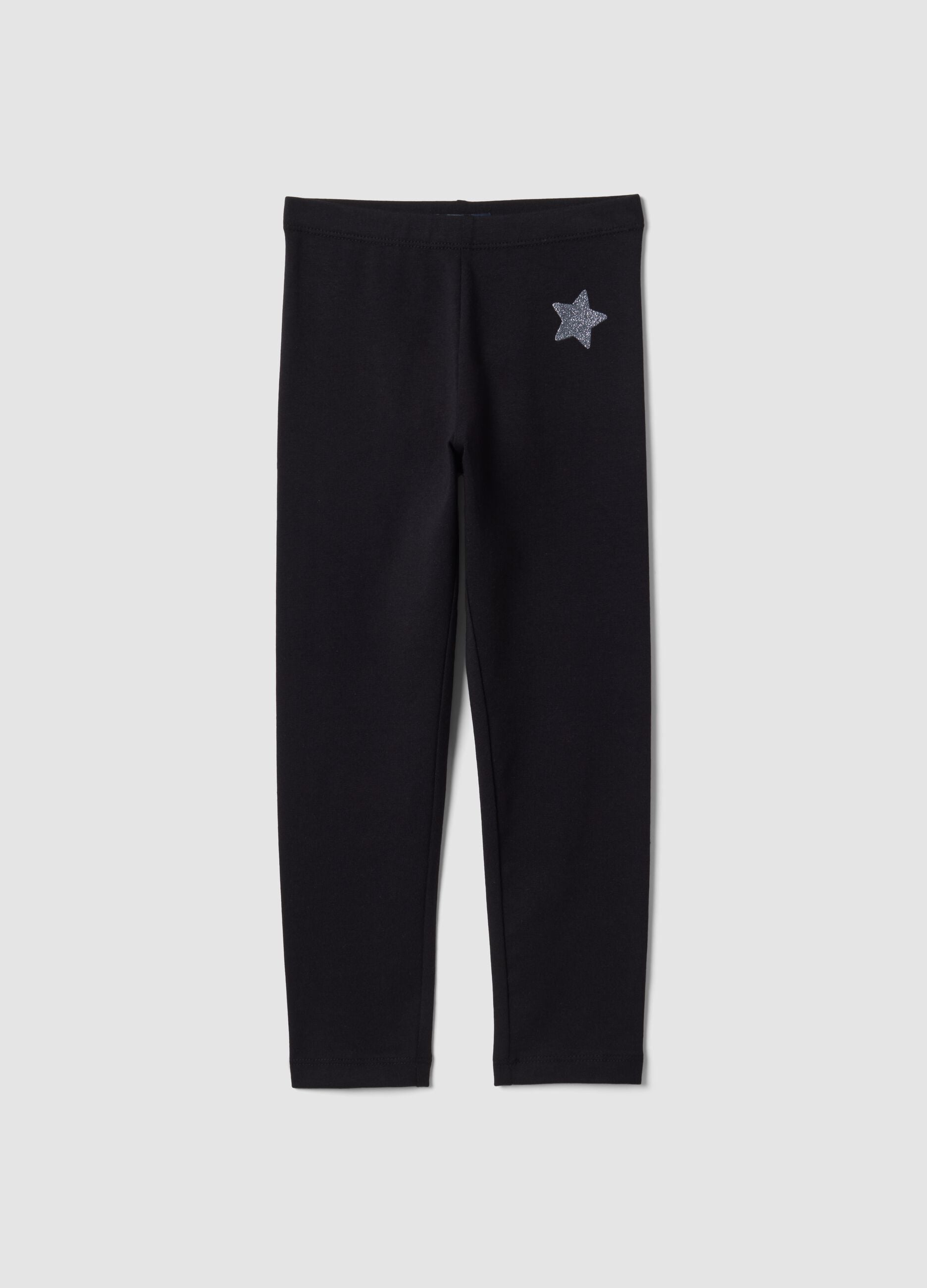 Black skinny leggings in stretch organic cotton with star for girls
