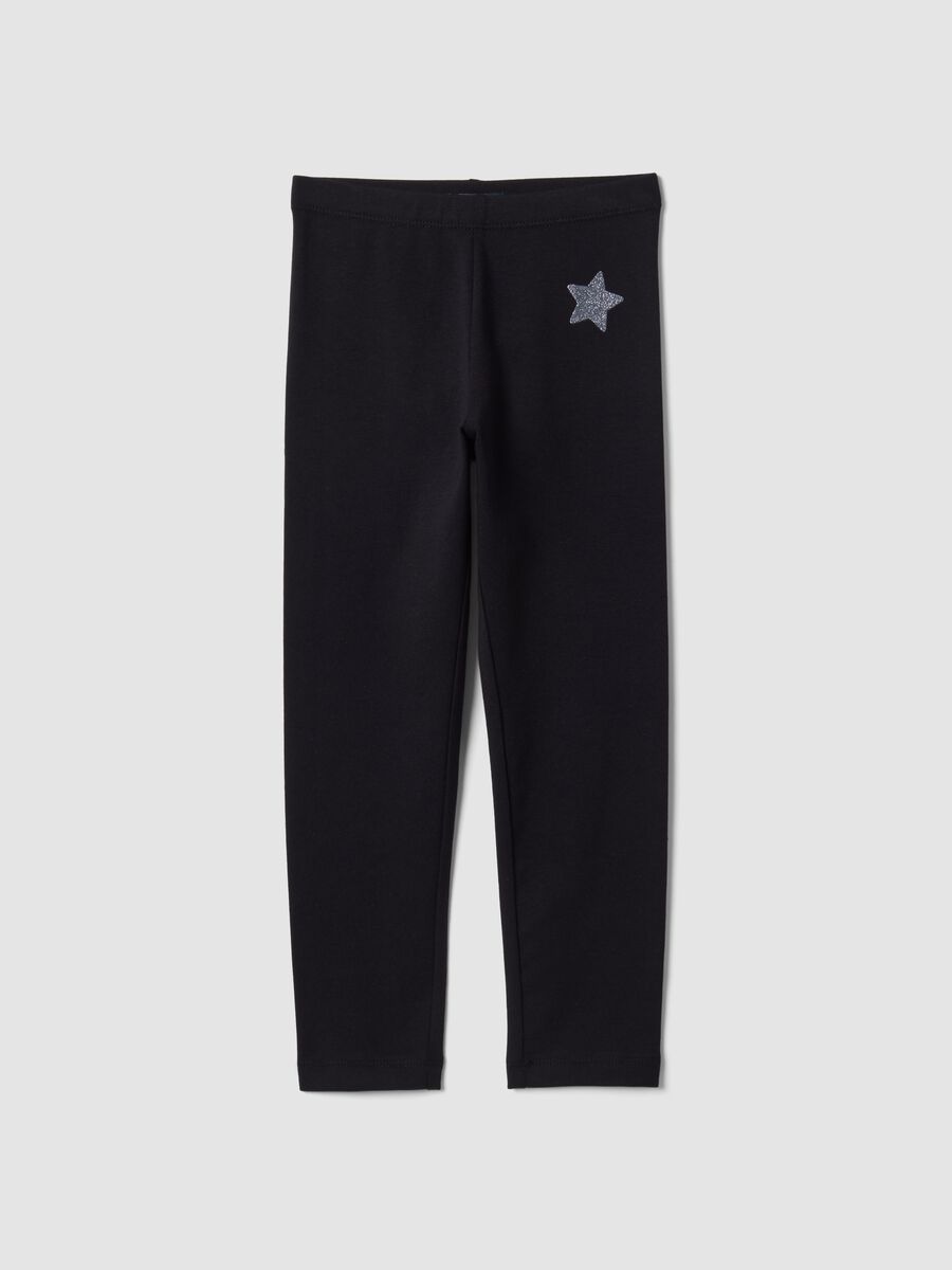 Black skinny leggings in stretch organic cotton with star for girls_0
