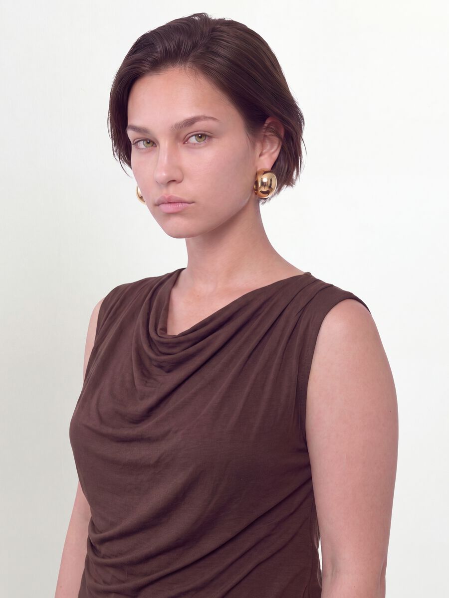 Brown stretch viscose T-shirt with draped neckline_1