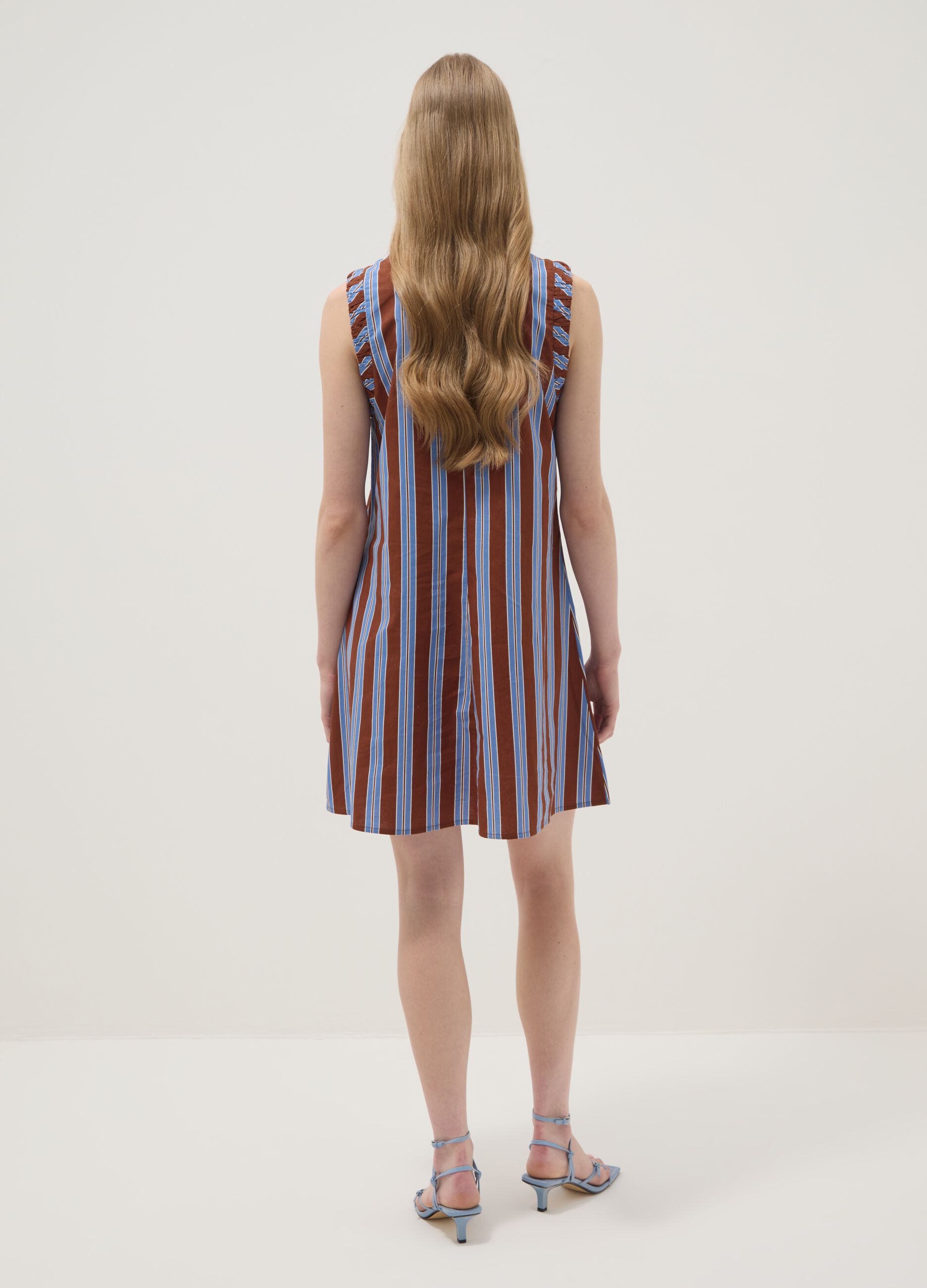 Multicolour striped pure cotton mini dress with V-neck, regular fit