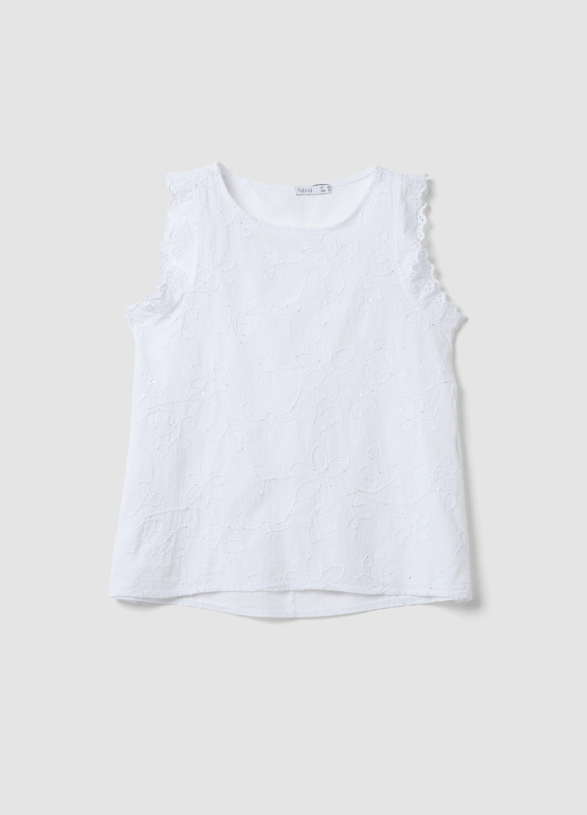 White pure cotton blouse with floral embroidery, regular fit