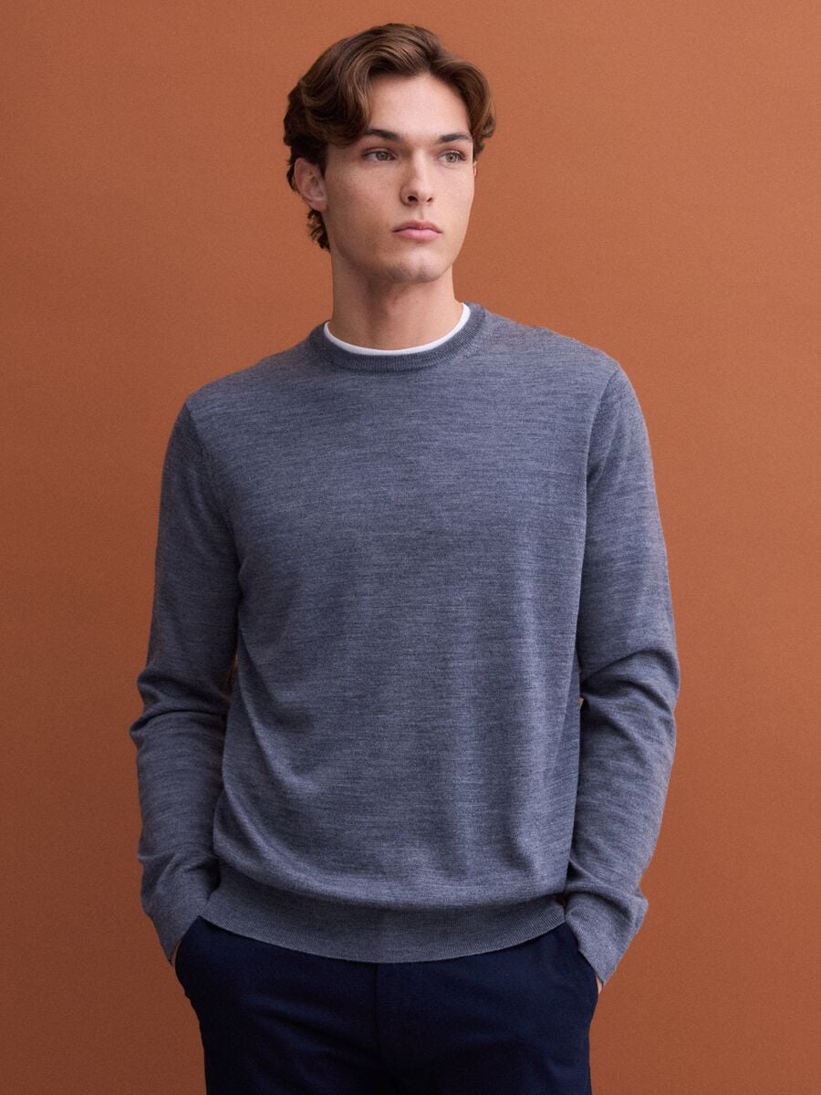 Grey crew-neck pure merino wool jumper, regular fit_0