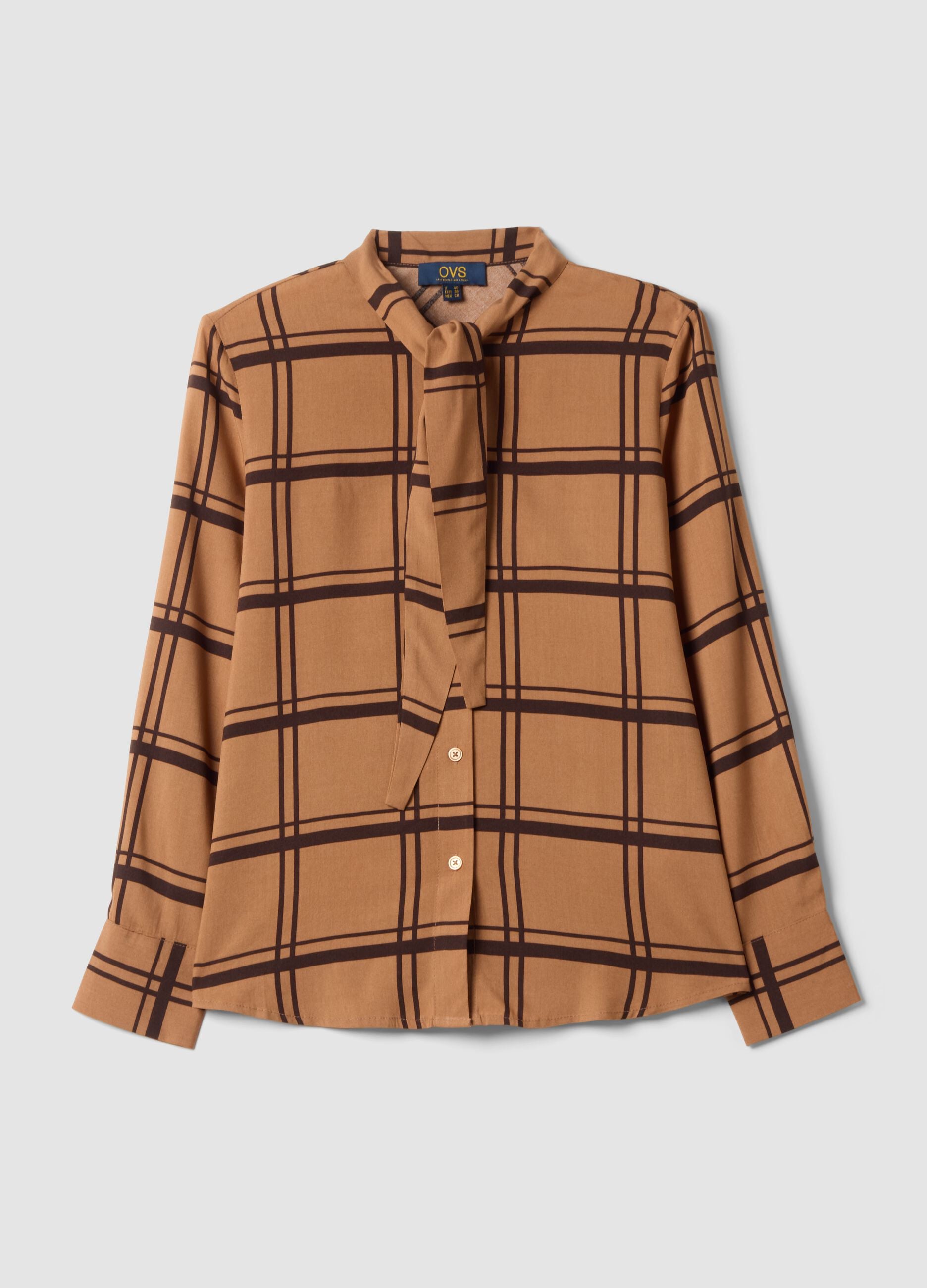 Brown checked pure viscose shirt with neck tie, regular fit