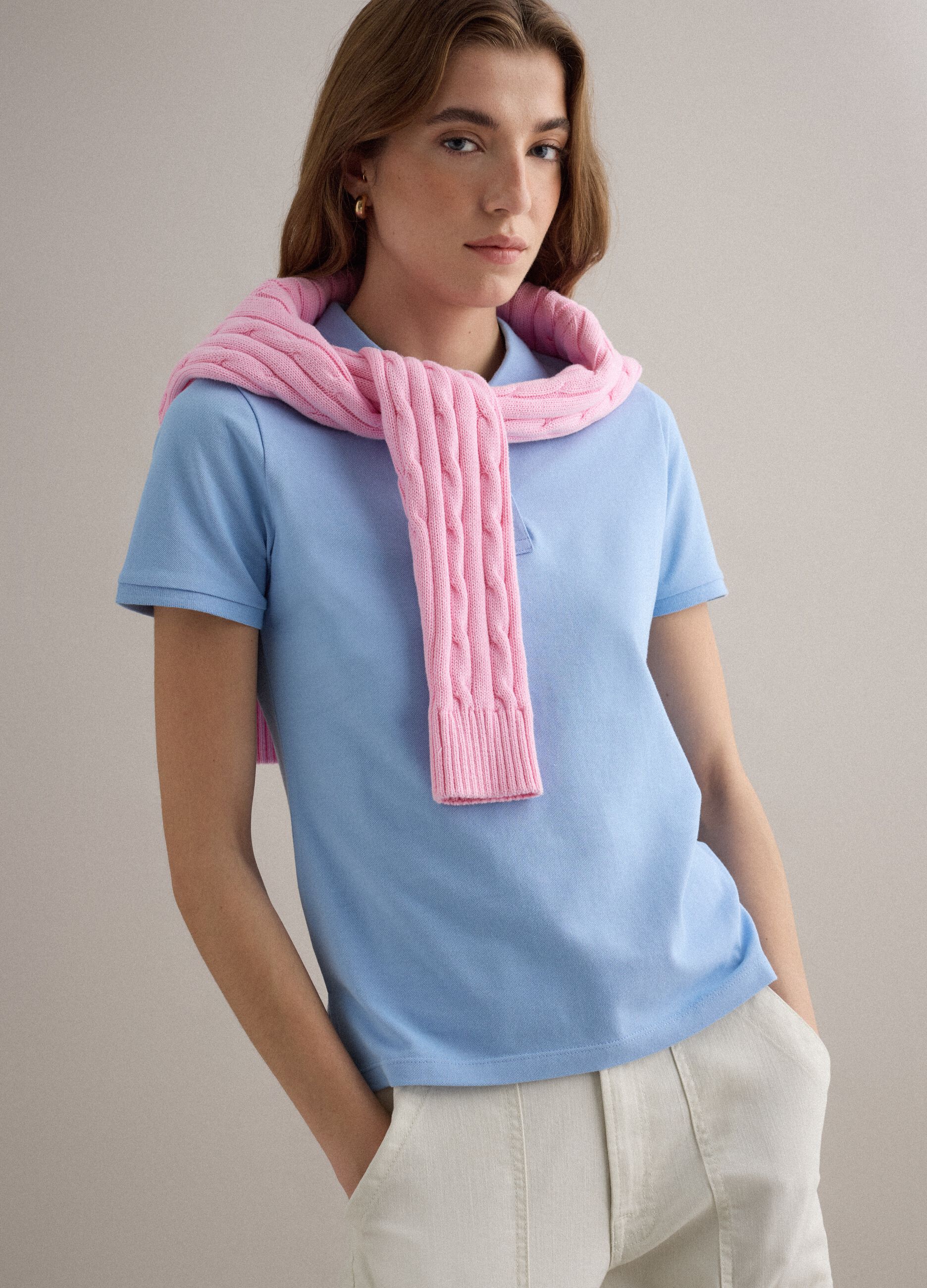 Sky blue short-sleeve pure cotton polo shirt, regular fit