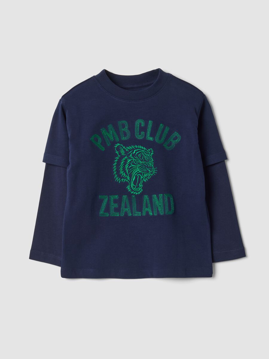 Navy pure cotton double‑sleeve T‑shirt with print, regular fit_0