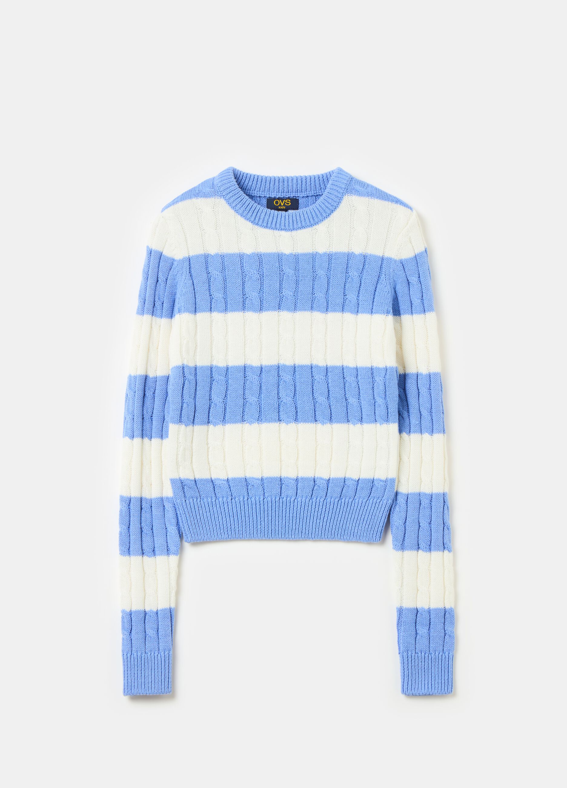 Striped crop pullover with cable-knit design