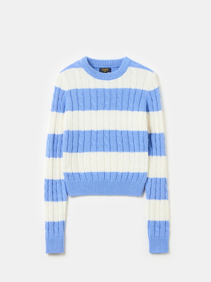 Striped crop pullover with cable-knit design_0