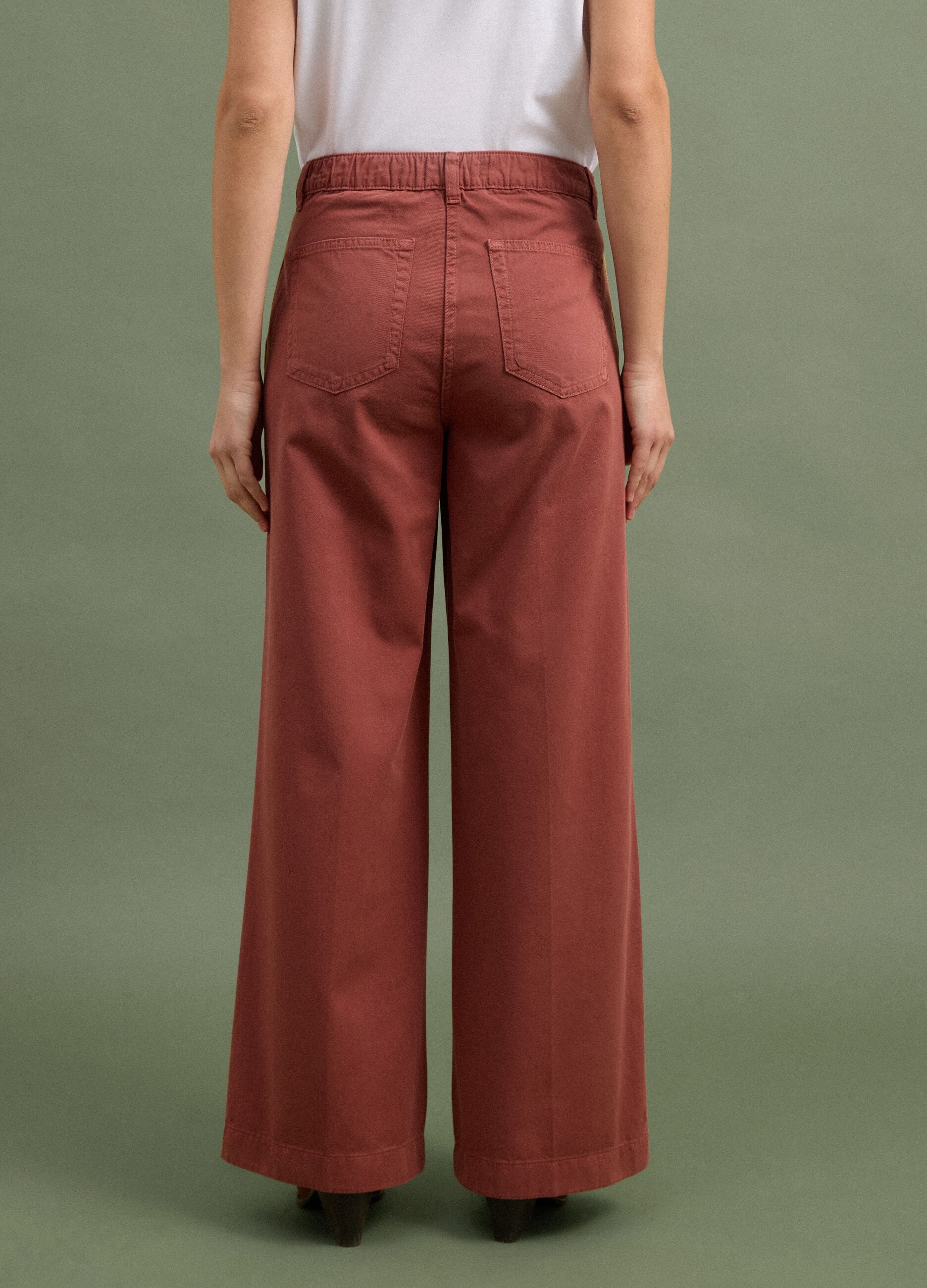 Red wide-leg cotton chino trousers with contrast side stripes