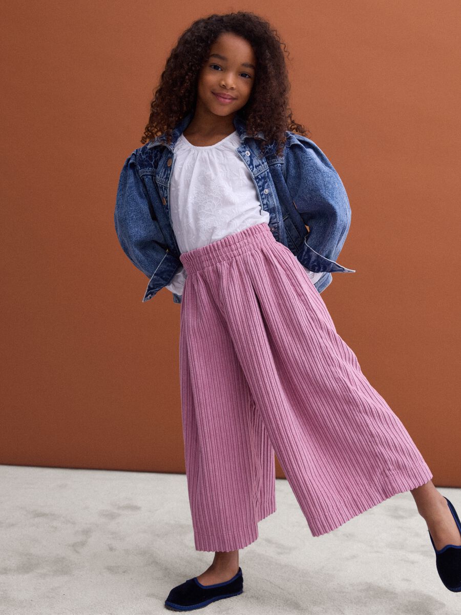 Pink wide-leg ribbed trousers with elasticated waistband_0