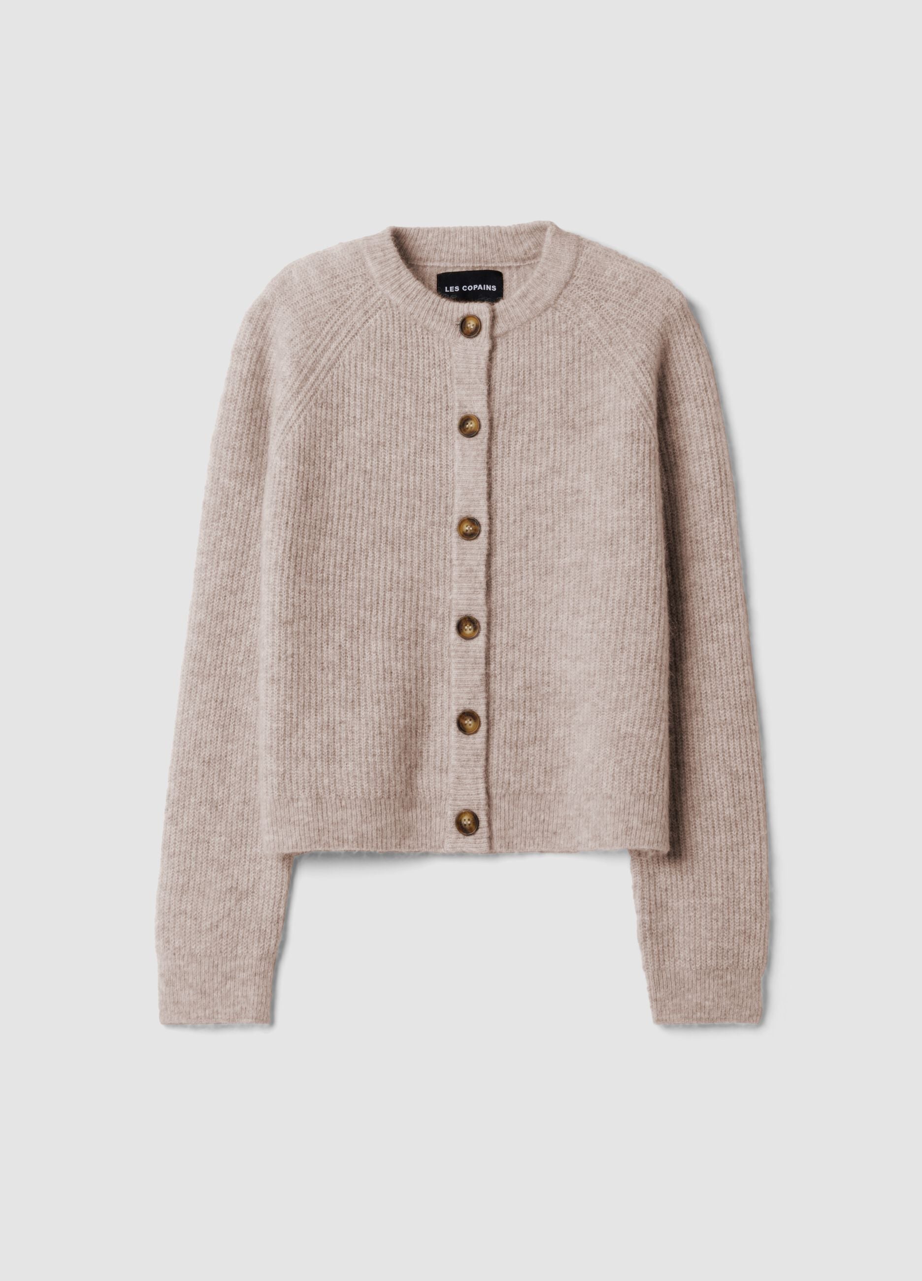Beiger Rundhals-Cardigan aus elastischer Wolle und Alpaka, Regular Fit